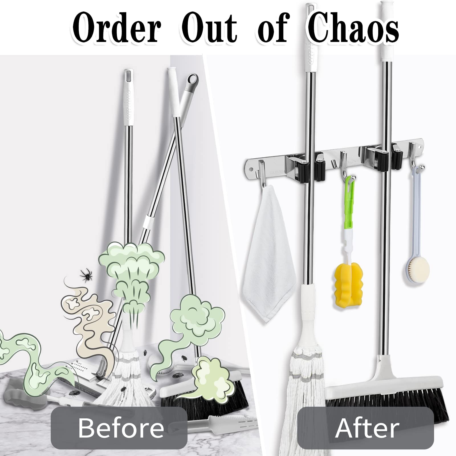 2-Pack Heavy Duty Stainless Steel Wall Mounted Broom and Mop Holder with 3 Hooks - Garage, Kitchen, Laundry Organizer - Self-Adhesive & Non-Slip Storage Rack for Home, Garden Tools - Space Saving Solution for Brooms, Mops, and Cleaning Supplies