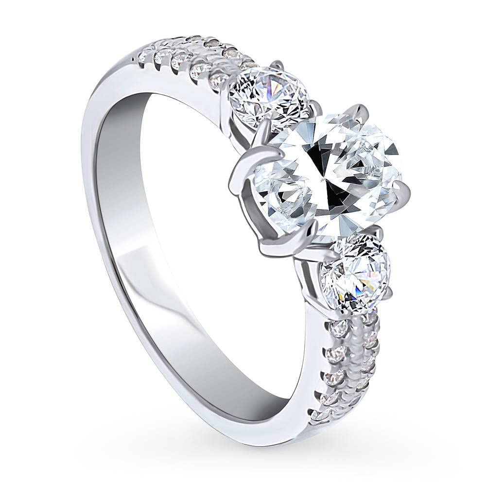 BERRICLE Sterling Silver 3-Stone Oval Cut Cubic Zirconia Engagement Ring for Women - 1.2 Carat CZ Promise Wedding Band, Rhodium Plated Size 4-10 - Perfect for Proposals, Anniversaries & Special Occasions