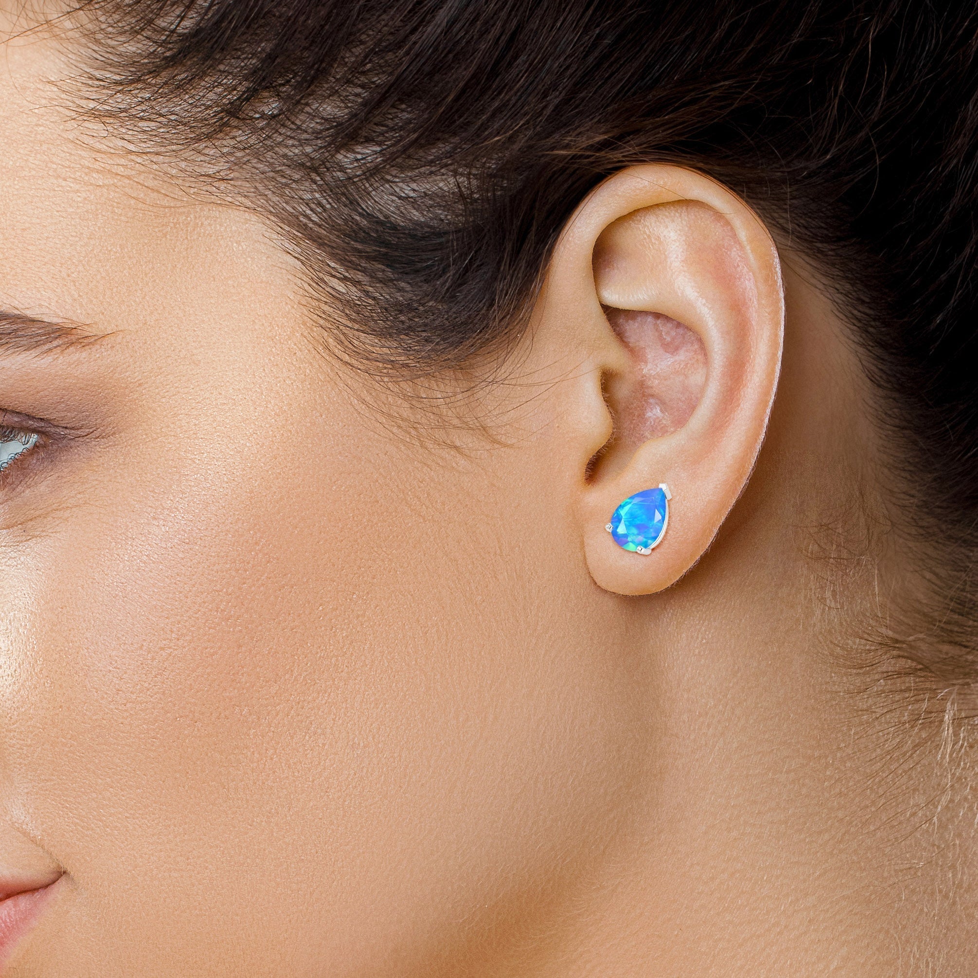Blue Multi Fire Pear Opal Prong Stud Earrings for Women - Dainty Gemstone Jewelry for Everyday Wear & Special Occasions