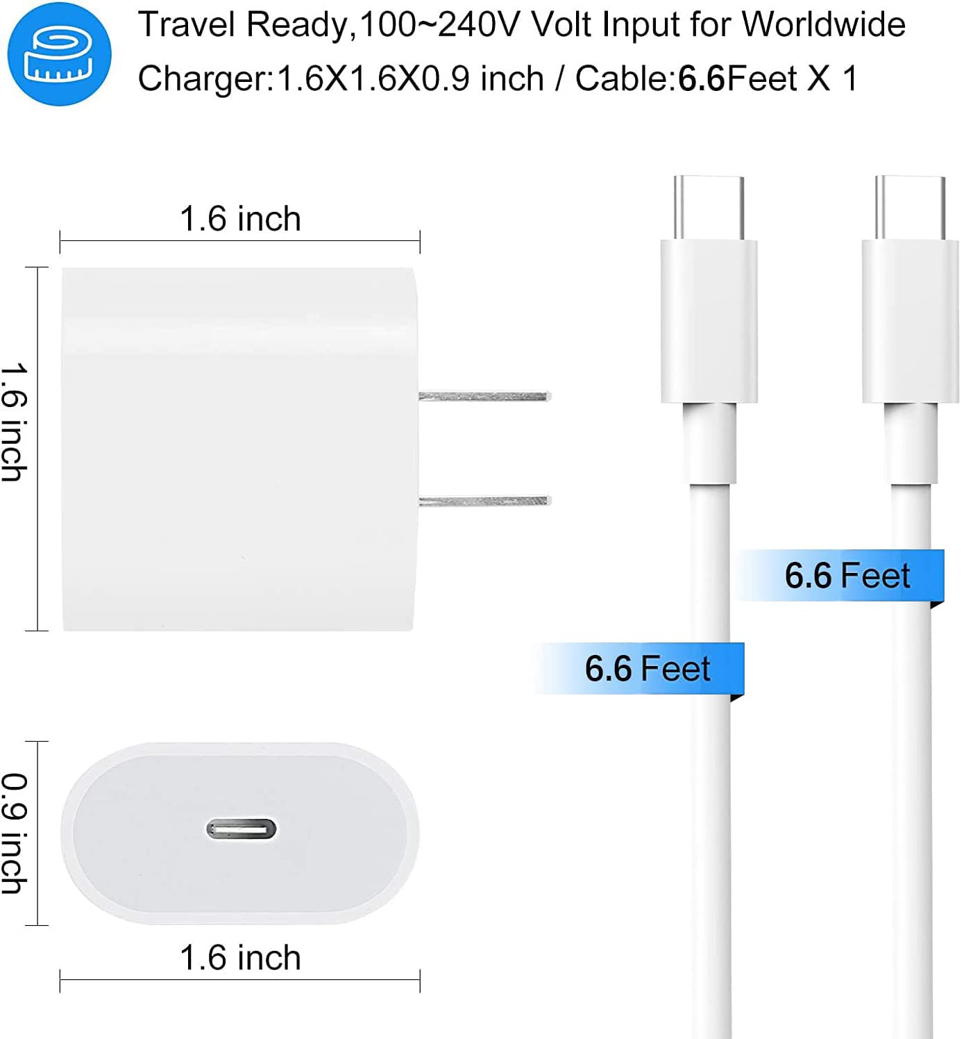 20W USB C Fast Charger Block with 6.6ft USB C to C Cable - Compatible with iPad Pro 13/12.9/11 inch, iPad Air, iPad Mini & More | Fast Charging for Home, Office & Travel