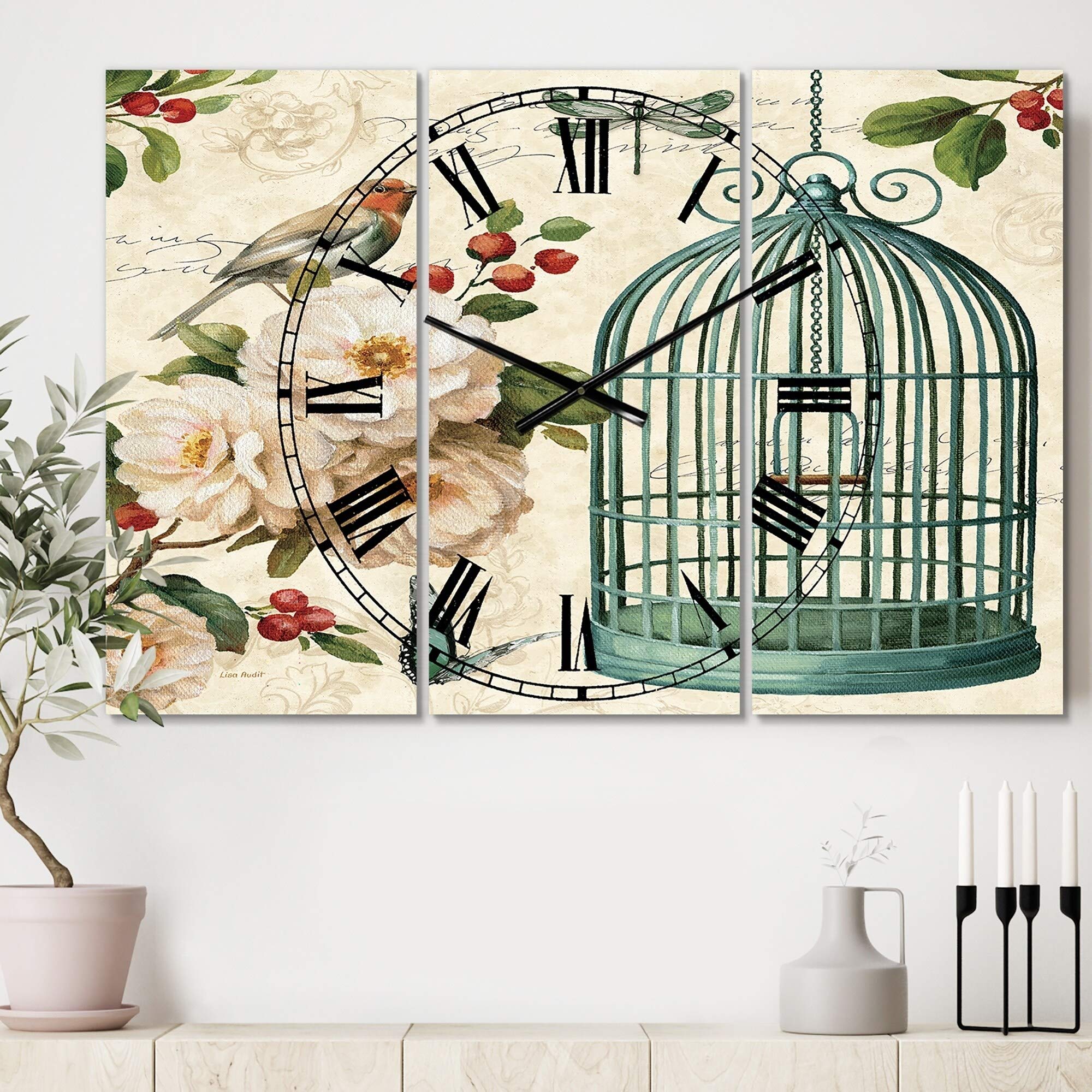Designart 'Blue Cottage Bird, Birdcage and Apple Blossoms II' Oversized 3-Panel Wall Clock - Perfect for Living Room, Bedroom & Cottage Decor