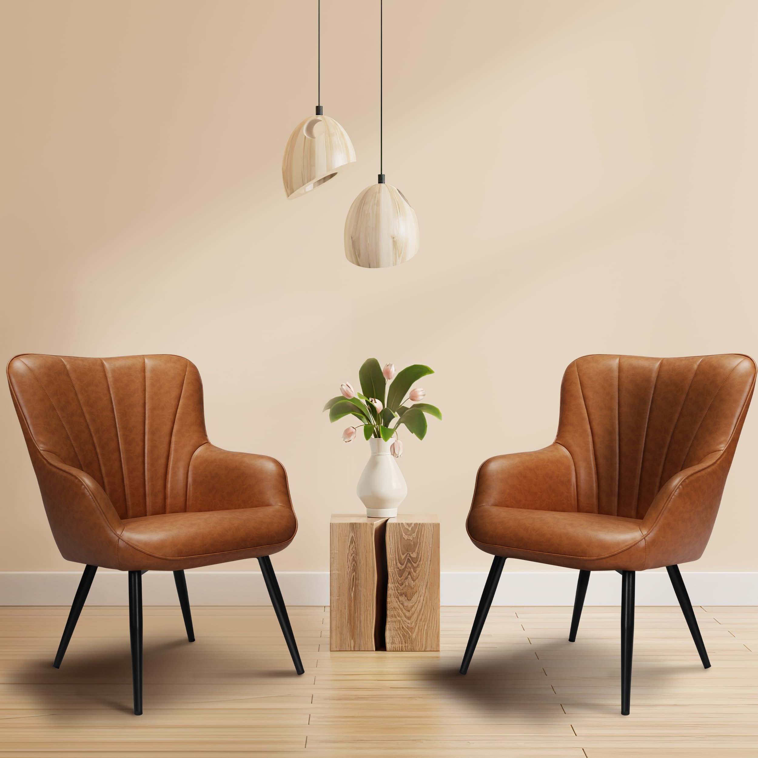 PrimeZone Faux Leather Mid Century Modern Accent Chair - Wingback Armchair with Metal Legs for Living Room, Bedroom, Office & Dining Room - Brown, Set of 2 - Perfect for Home Decor, Reading Nook & Guest Seating