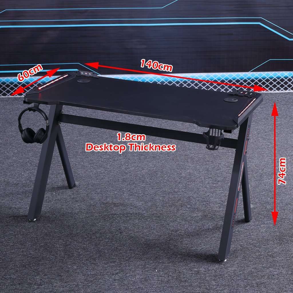 140cm RGB Gaming Desk with LED Lights - Ergonomic Computer Desk for PC, Laptop & Office Work - Racing Style Home Gaming Table for Streaming & Esports Setup