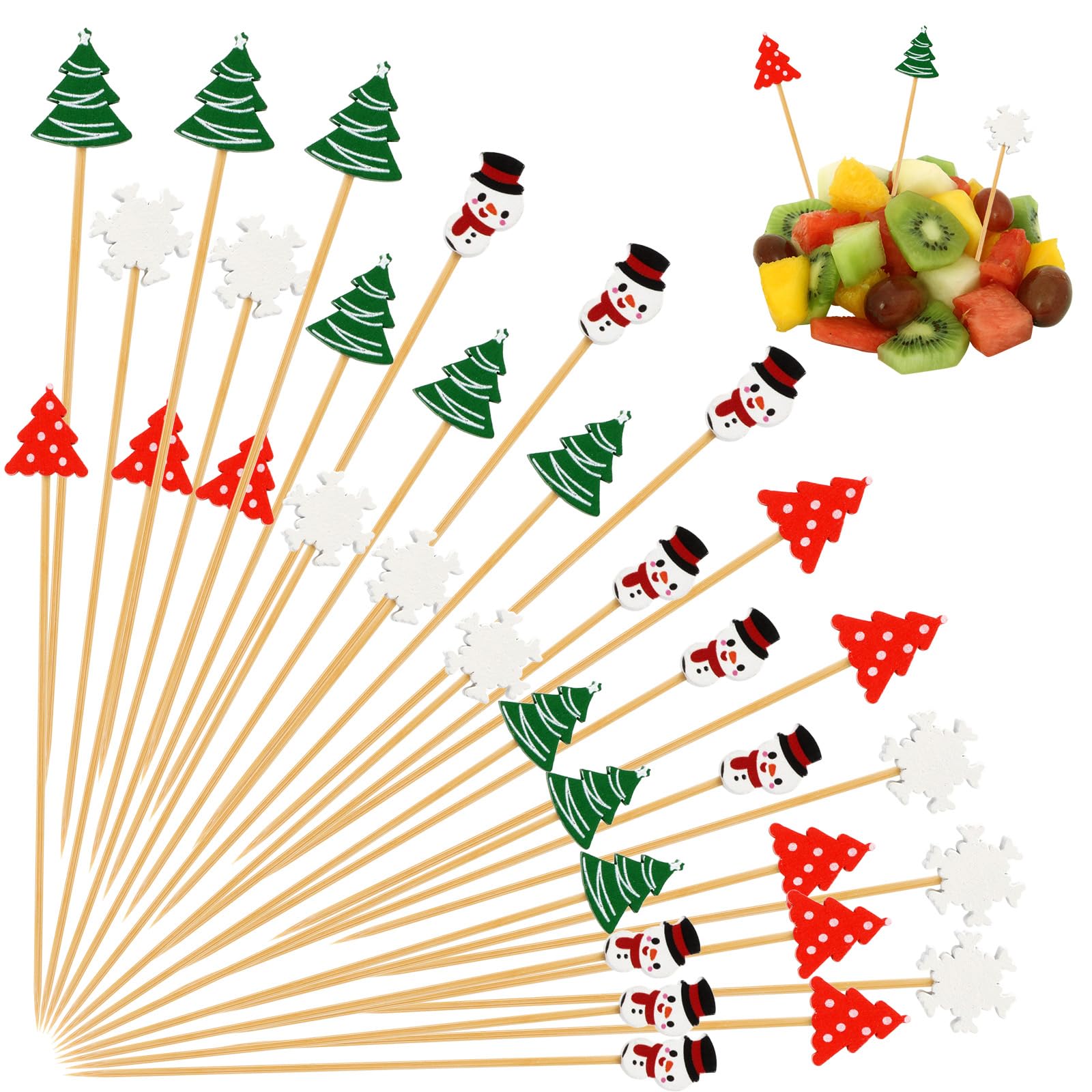 200 Christmas Cocktail Picks - 13cm Bamboo Toothpicks with Tree, Snowflake & Snowman Designs for Drinks, Appetizers, Fruit & Party Food Decoration | Perfect for Holiday Gatherings, Christmas Parties & Festive Entertaining