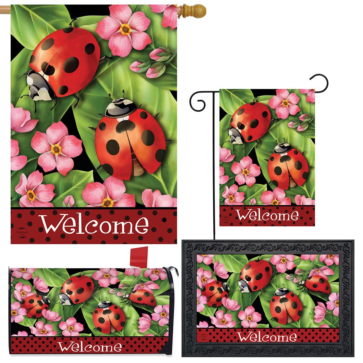 Briarwood Lane Spring Home Decor Bundle - Garden Flags, House Flags, Mailbox Covers & Doormats with Ladybug Design - Seasonal Outdoor & Indoor Decorations for Spring