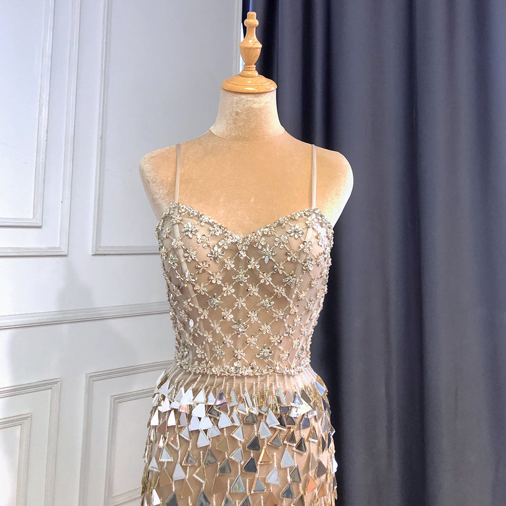 Elegant Silver Nude Spaghetti Strap Mermaid Evening Gown with Sequins & Beading - Women's Luxury Party Dress for Prom, Gala & Formal Events - Serene Hill LA71666