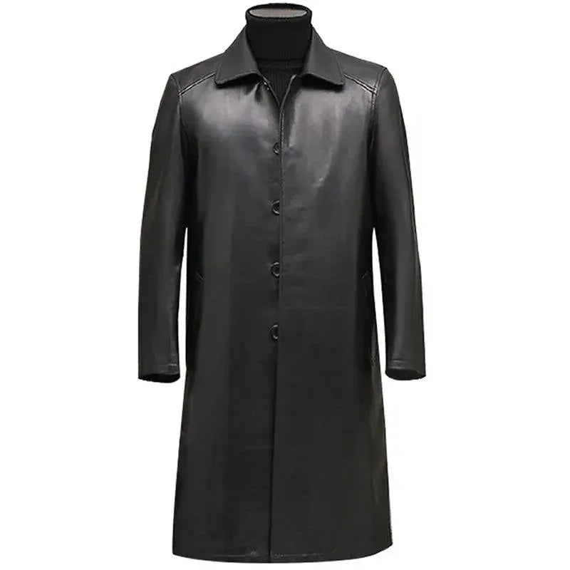 Premium Men's Genuine Leather Overcoat - Classic Long Trench Coat for Winter, Business & Formal Occasions