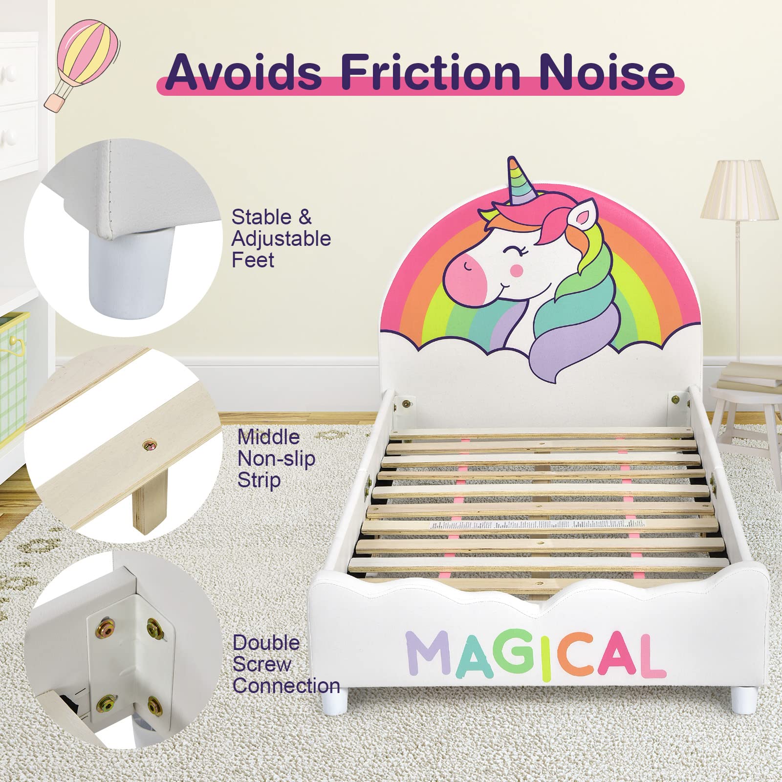 HONEY JOY Twin Bed Frame for Kids - Sturdy Wooden Platform Bed with Headboard & Slat Support, No Box Spring Needed - Perfect for Boys & Girls Bedroom - Fits Standard Twin Mattress - Unicorn Themed Kids Furniture for Playrooms & Sleepovers