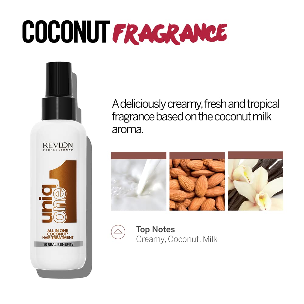 REVLON PROFESSIONAL UNIQONE COCO Leave-In Hair Treatment - Coconut Scented Hair Care for Dry & Damaged Hair - 5.07 fl oz (150ml) - Perfect for Daily Hydration & Frizz Control at Home or Salon