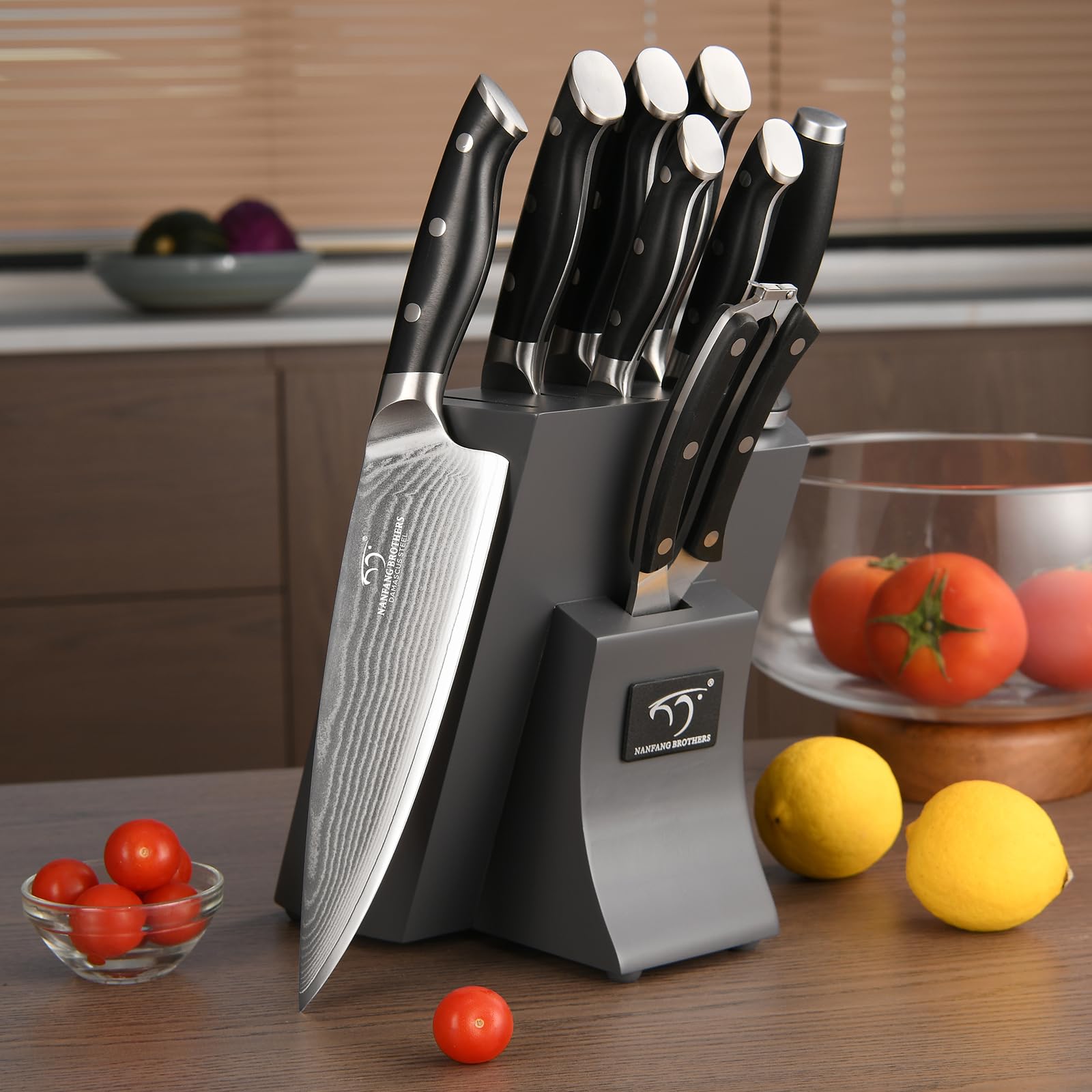 Premium 9-Piece Damascus Steel Knife Set with Block - Chef Knives, Sharpener & Shears - Ergonomic ABS Handle for Professional Cooking - Perfect for Home Chefs & Culinary Enthusiasts - Ideal for Meat Cutting, Vegetable Prep & Kitchen Tasks