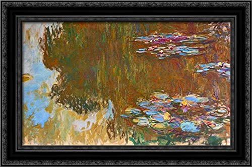 Claude Monet Water Lilies 24x16 Black Ornate Wood Framed Canvas Art - Perfect for Living Room, Bedroom & Office Wall Decor