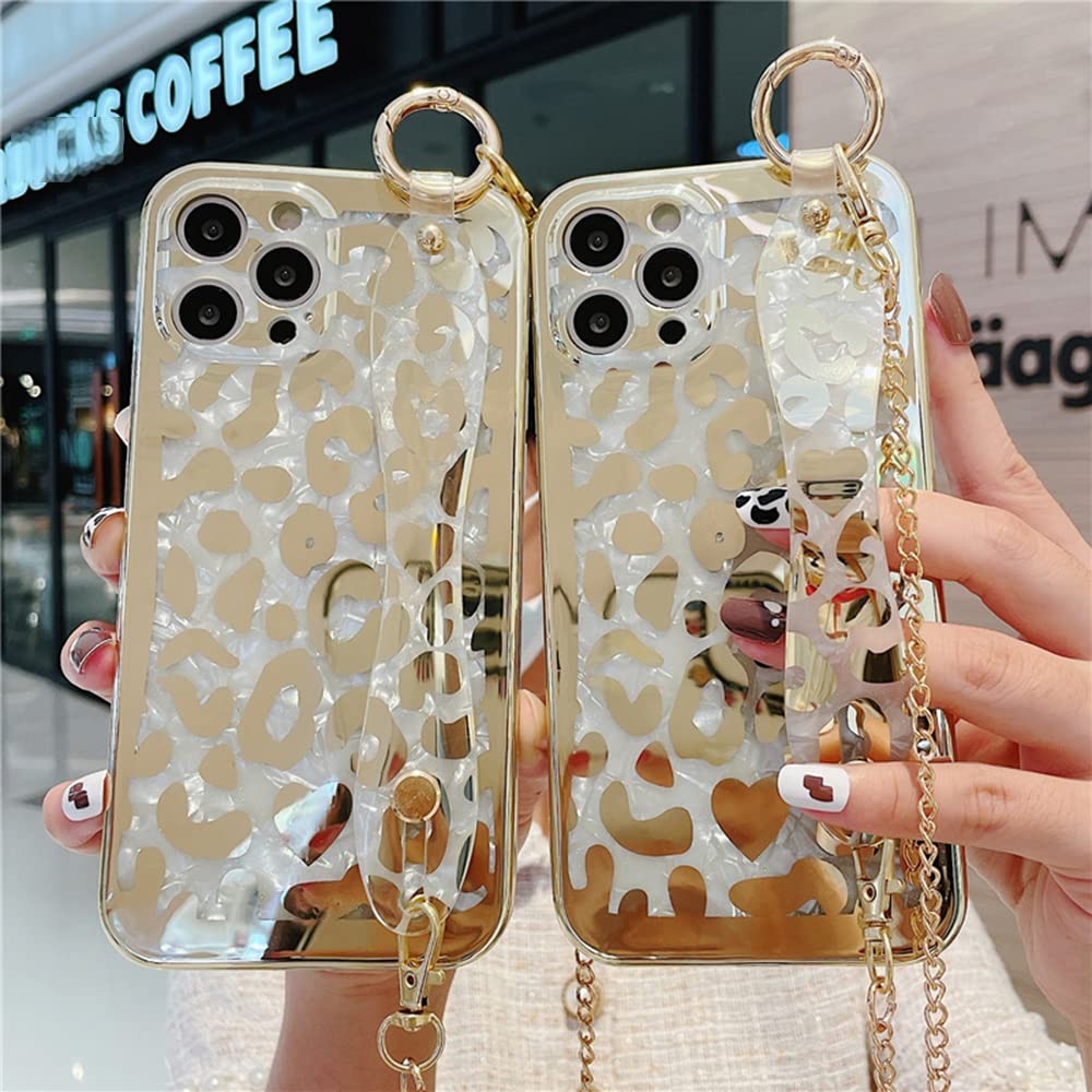 Sparkly Golden Leopard Print iPhone 12 Case for Women & Girls - Glitter Cheetah Design with Wrist Strap & Metal Chain - Trendy Protective Phone Cover for School, Work, and Everyday Use