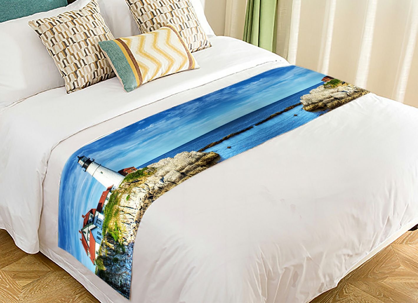 NNBZ Custom Lighthouse Beach Bed Runner - 20x95 Inch Cotton Bedding Scarf for Coastal Decor | Perfect for Guest Rooms, Beach Houses & Nautical-Themed Bedrooms