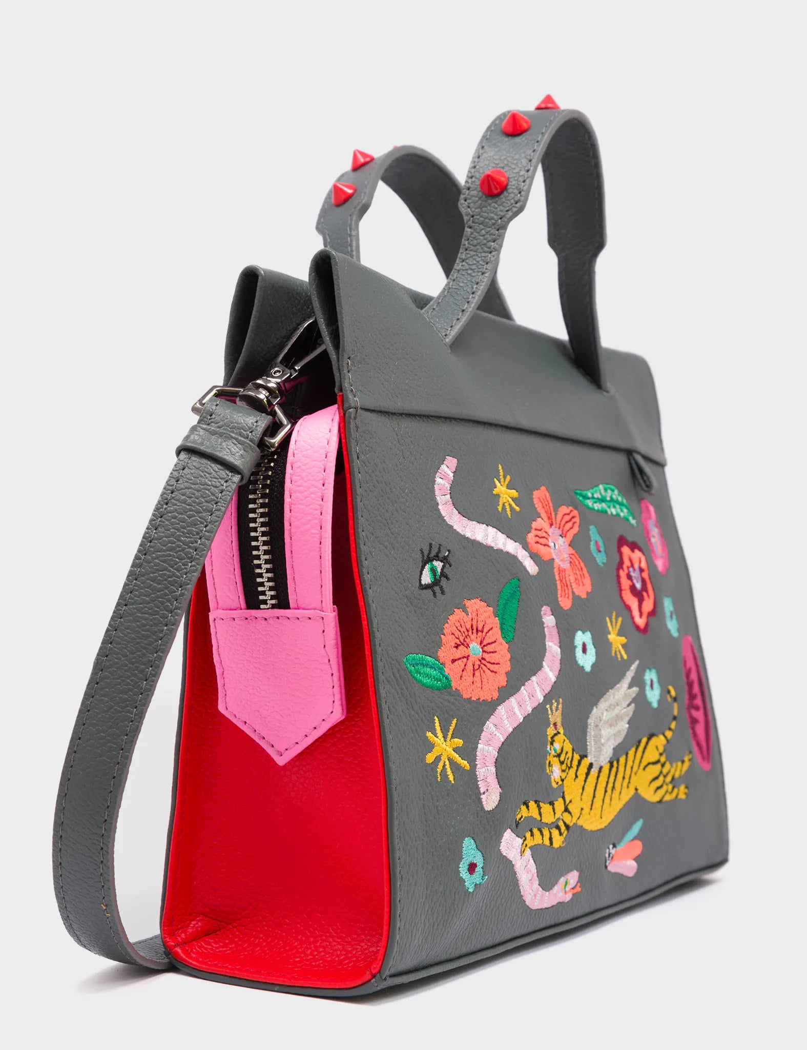 Vali Crossbody Small Leather Bag - Stormy Gray with Tiger & Flowers Embroidery | Women's Fashion Purse for Everyday Use, Travel & Date Night