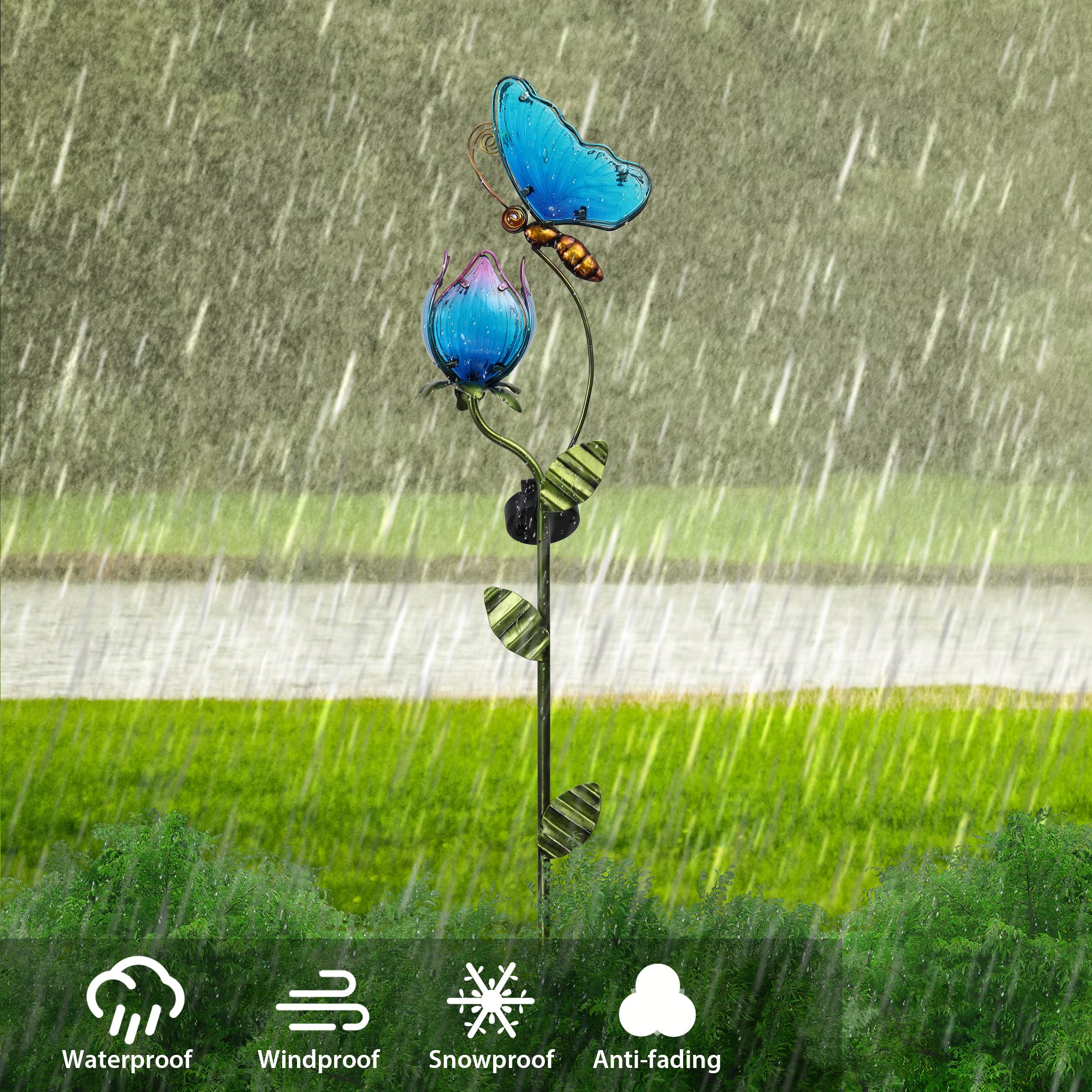 42'' Blue Glass Butterfly Solar Outdoor Lights - Metal Garden Stake Decor for Yard, Patio & Lawn | Solar-Powered Waterproof Garden Decorations | Unique Gift for Mom, Housewarming & Outdoor Parties