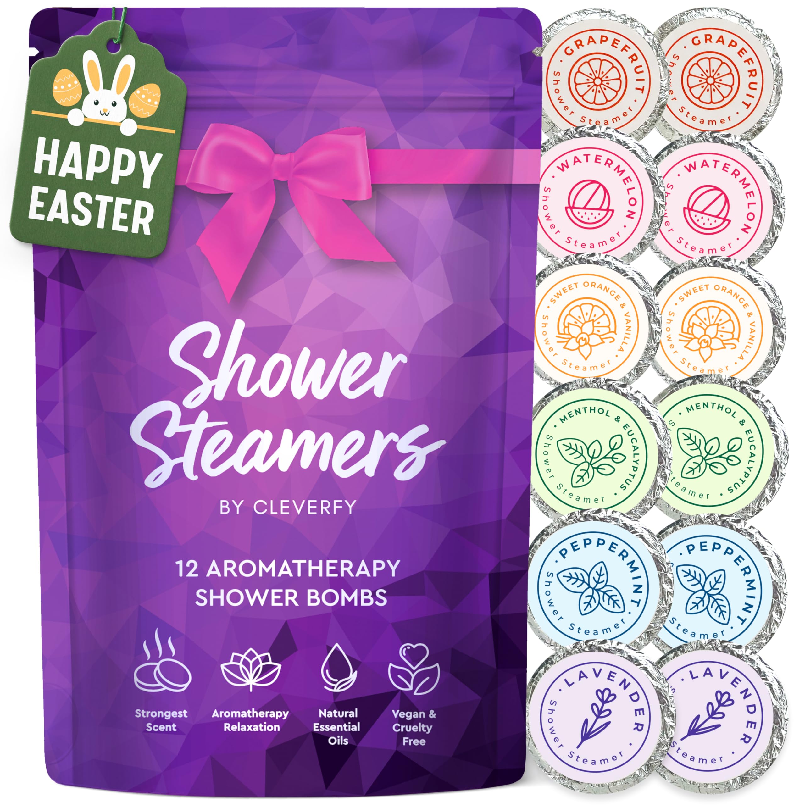 Cleverfy Aromatherapy Shower Steamers - 12-Piece Purple Variety Set | Relaxing Bath Bombs for Stress Relief & Spa Experience