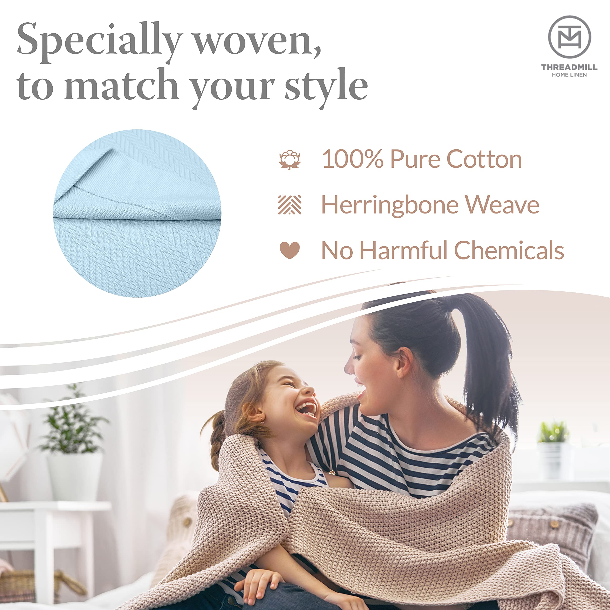Premium 100% Cotton Twin Size Blanket - All-Season Soft & Cozy Herringbone Thermal Blanket (68x92 inches, 350GSM) | Light Blue Luxury Bed Blanket for Home, Dorm, Guest Room & Cozy Fall Nights