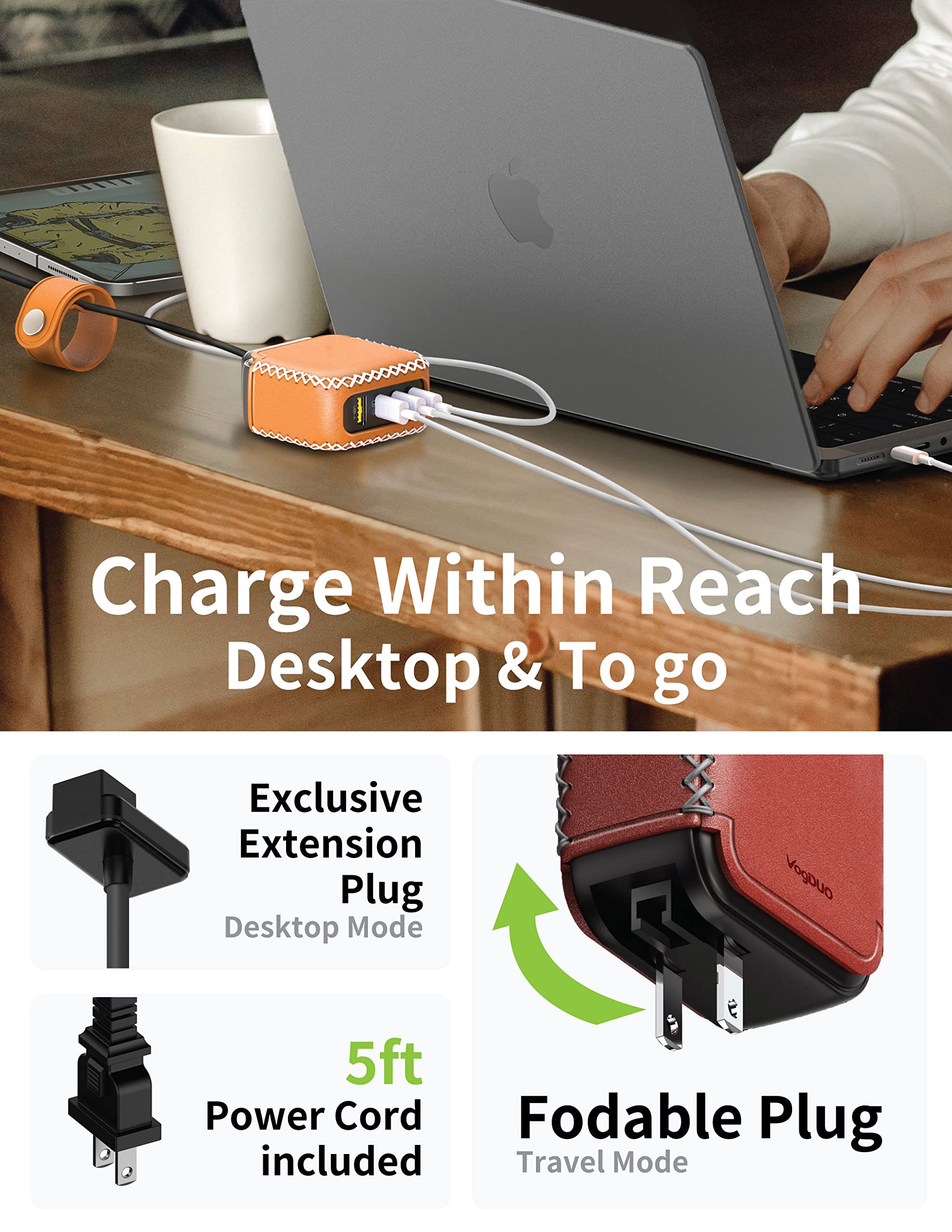 100W GaN PD Fast Wall Charger with Foldable Plug & 5ft Leather Extension Cable - USB C Travel Charger for Samsung Galaxy, Z Fold, Z Flip (Maroon Red) - Perfect for Travel, Office & Home Charging