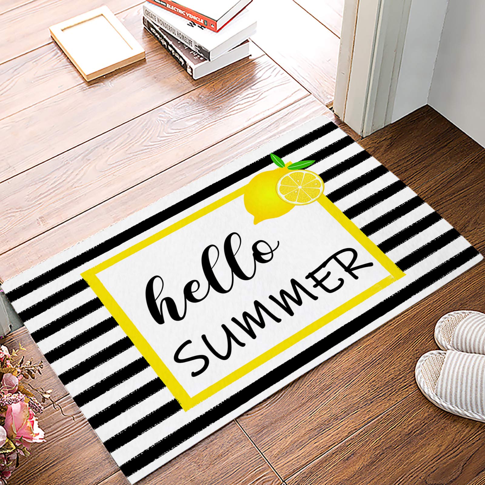 Non-Slip Hello Summer Lemon Doormat - Minimalist Black & White Stripes Indoor Entrance Mat (16x24 Inch) - Soft Low Profile Front Door Mat for Home, Apartment & Office Decor