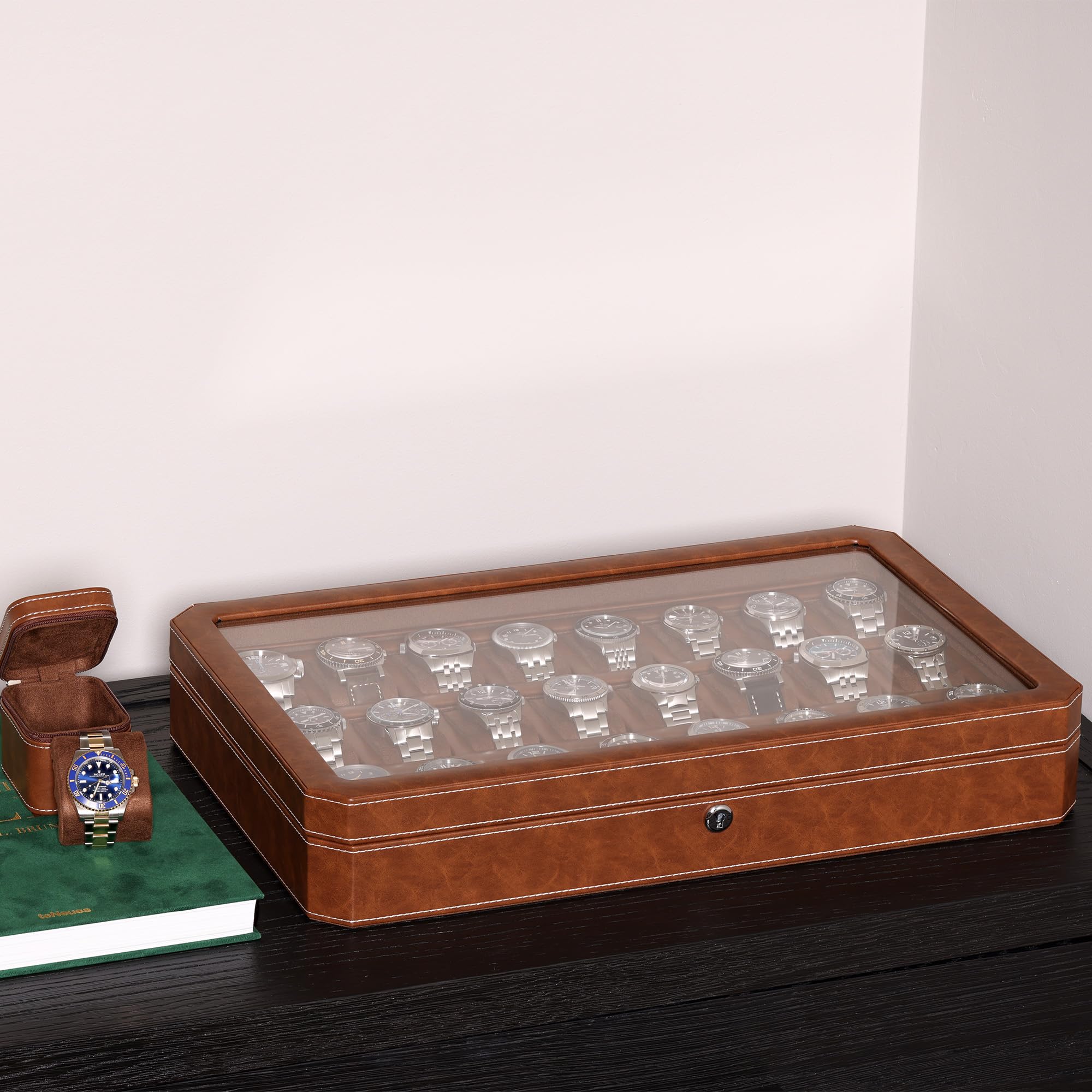 ROTHWELL 24 Slot Luxury Watch Box with Lock - Premium Leather Watch Case Organizer for Men | Real Glass Top Display | Collector's Storage for Rolex, Omega & More | Perfect for Home, Office & Travel (Tan/Brown)