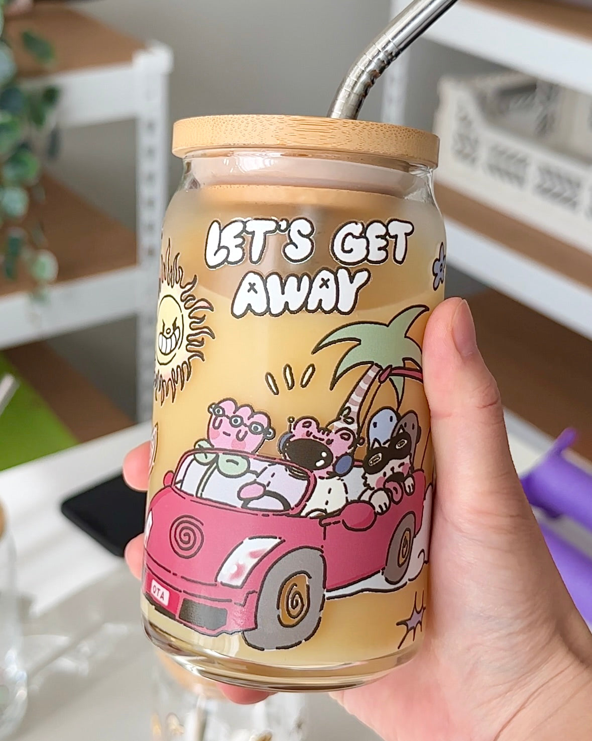 16oz Glass Iced Coffee Cup with Lid - Insulated Travel Mug for Cold Brew, Smoothies & Summer Drinks - Perfect for Road Trips, Beach Days & Outdoor Adventures
