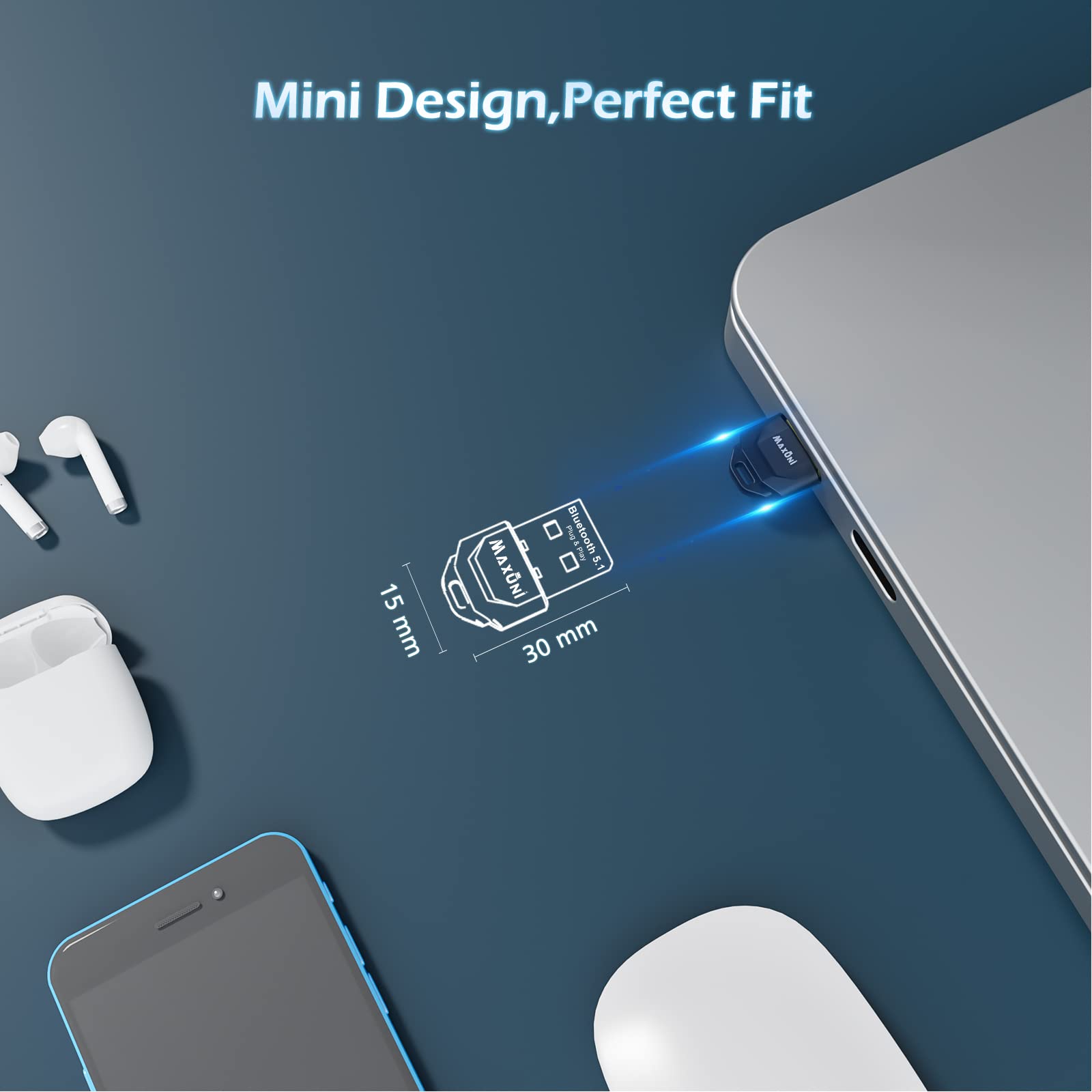 Maxuni USB Bluetooth 5.1 Adapter for PC, Laptop, Desktop - Low Latency Wireless Dongle for Keyboard, Mouse, Headphones | Windows 10/11 Plug & Play | Home Office, Gaming, Streaming Accessory