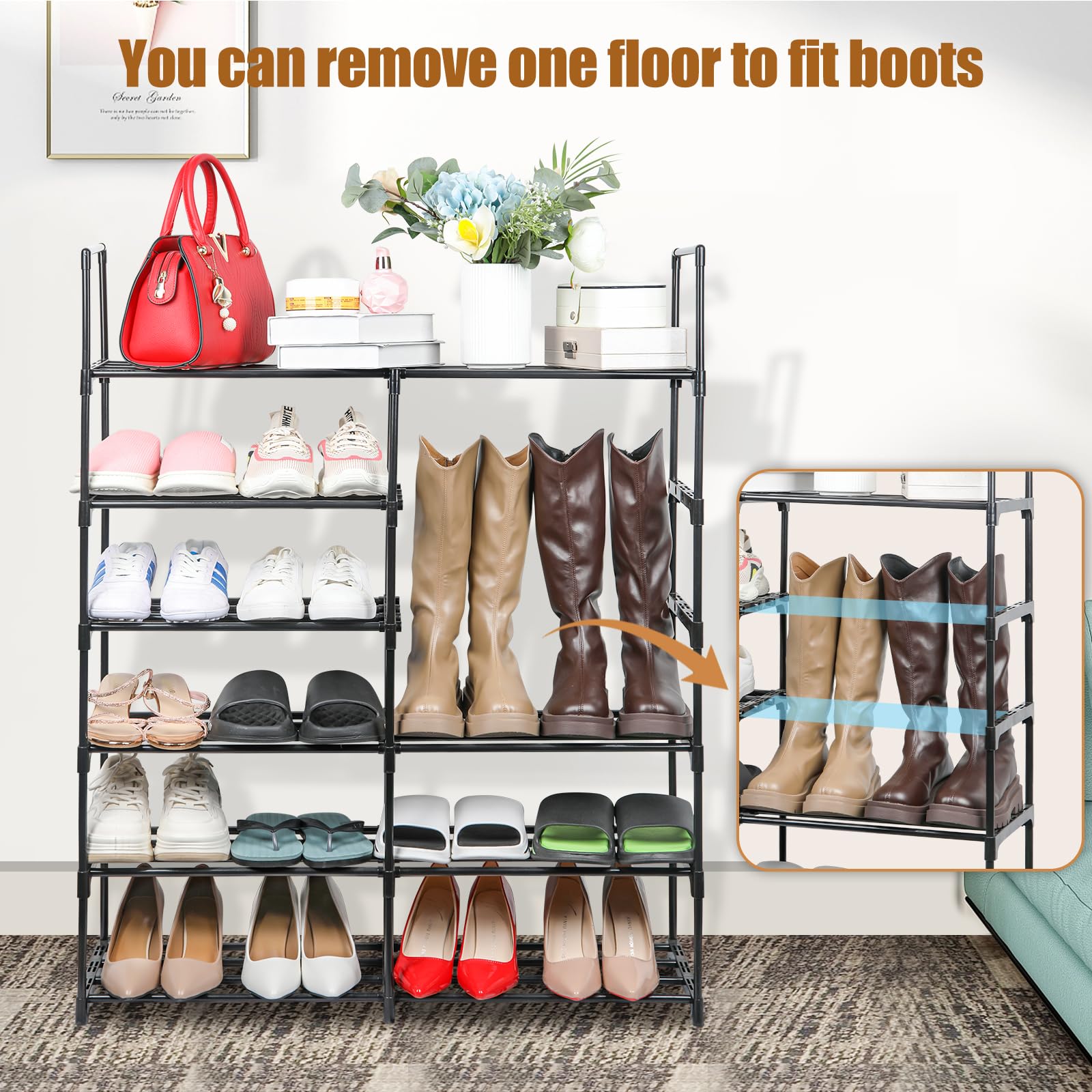 Lubardy 6-Tier Double Row Metal Shoe Rack - Holds 24-28 Pairs, Durable Stackable Shoe Storage Organizer for Entryway, Closet & Hallway (Black) - Perfect for Small Spaces & Apartment Living