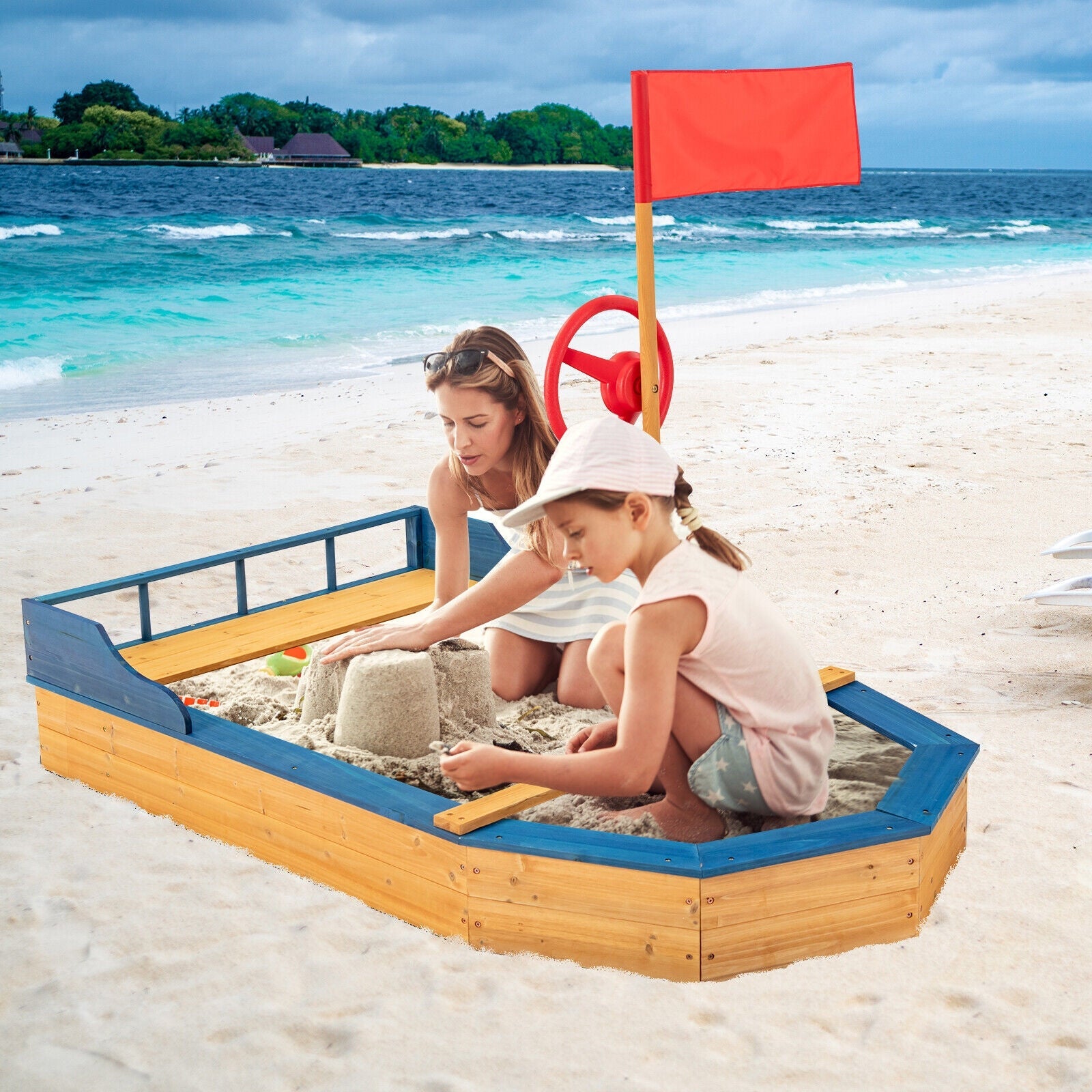 Kids' Pirate Boat Sandbox with Flag and Rudder - Outdoor Play Sandbox for Pretend Play & Backyard Fun