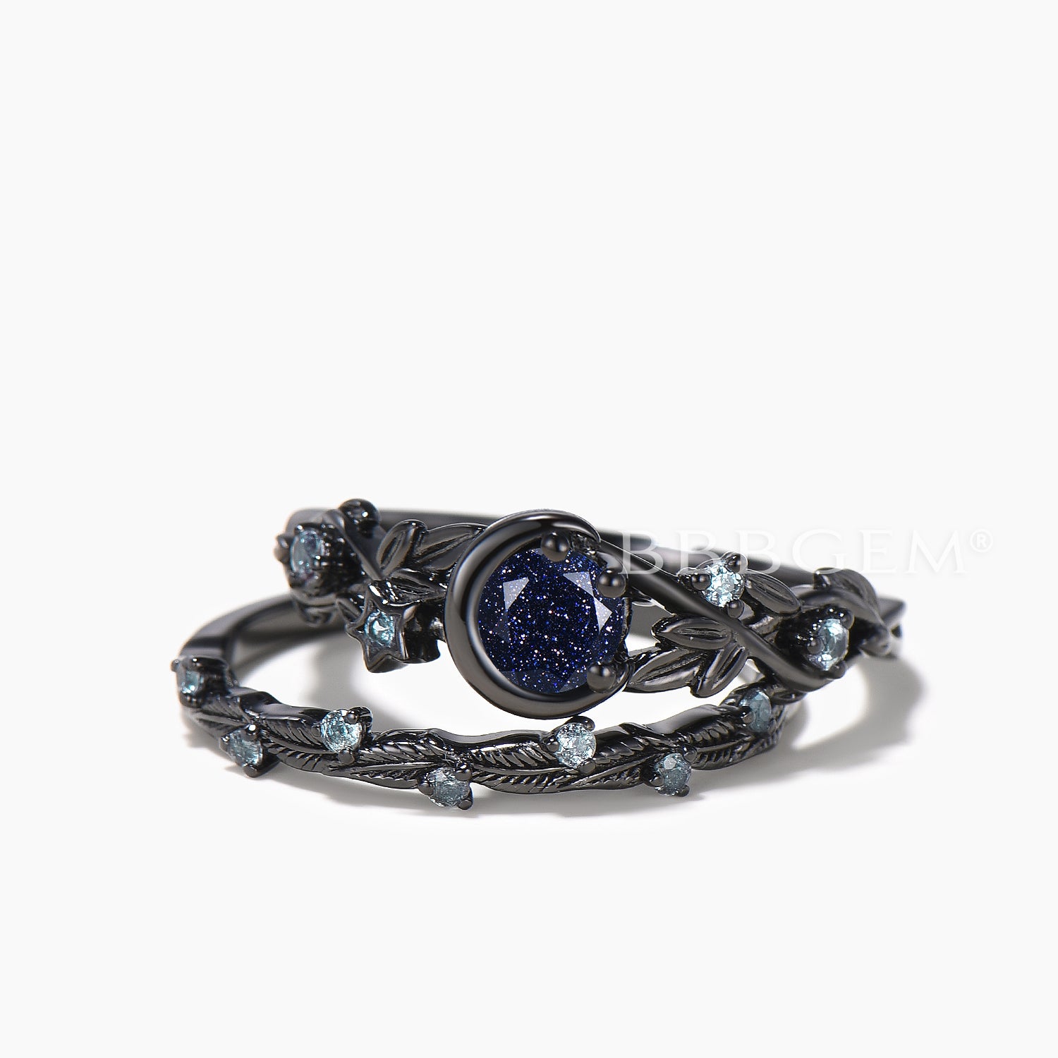 Blue Sandstone & Alexandrite Moon Engagement Ring Set with Leaf Design – Perfect for Bridal, Wedding, and Anniversary Jewelry Gifts