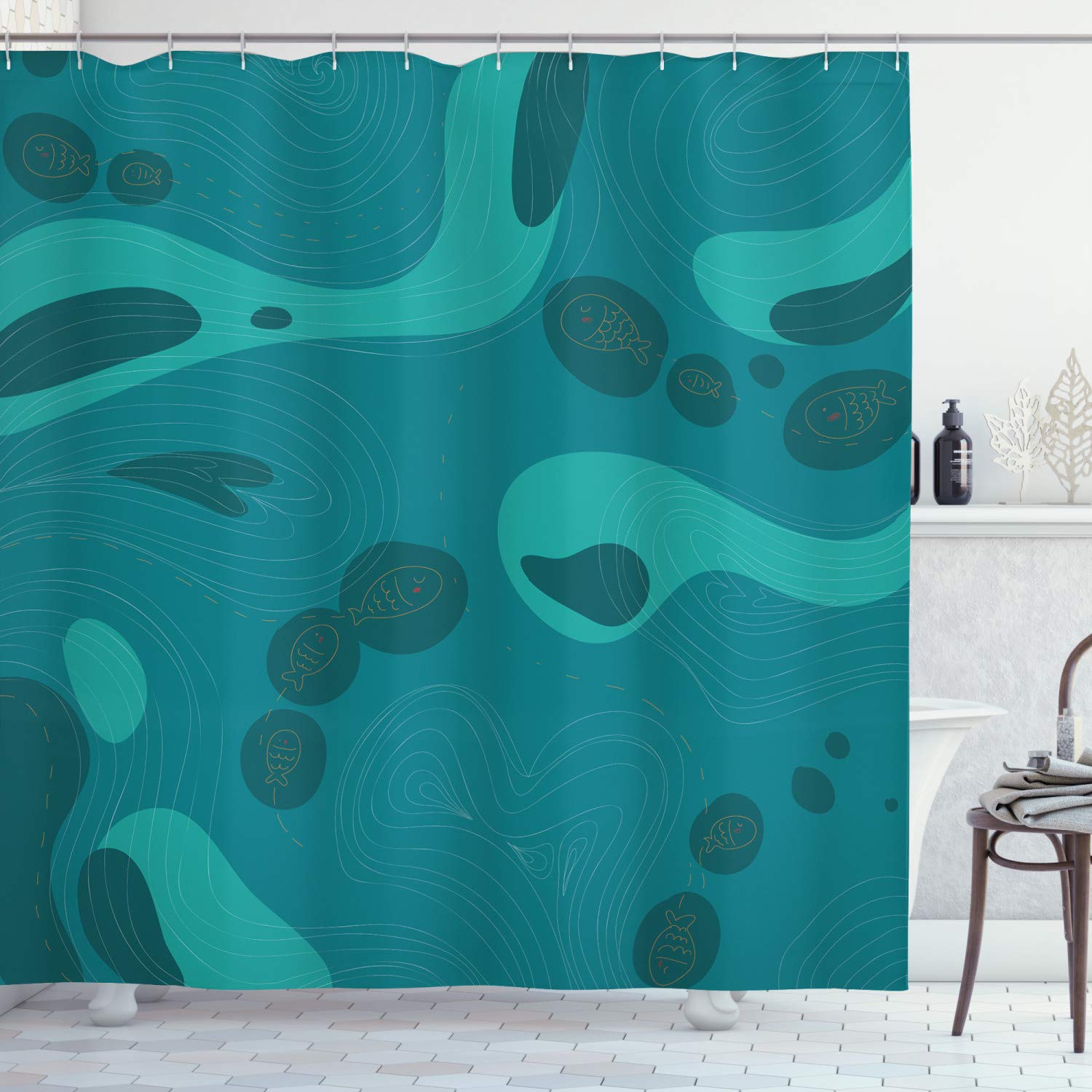 Ambesonne Nautical Shower Curtain - Abstract Ocean Aquarium Design with Doodle Fish, Simple Bathroom Decor Set with Hooks, 69