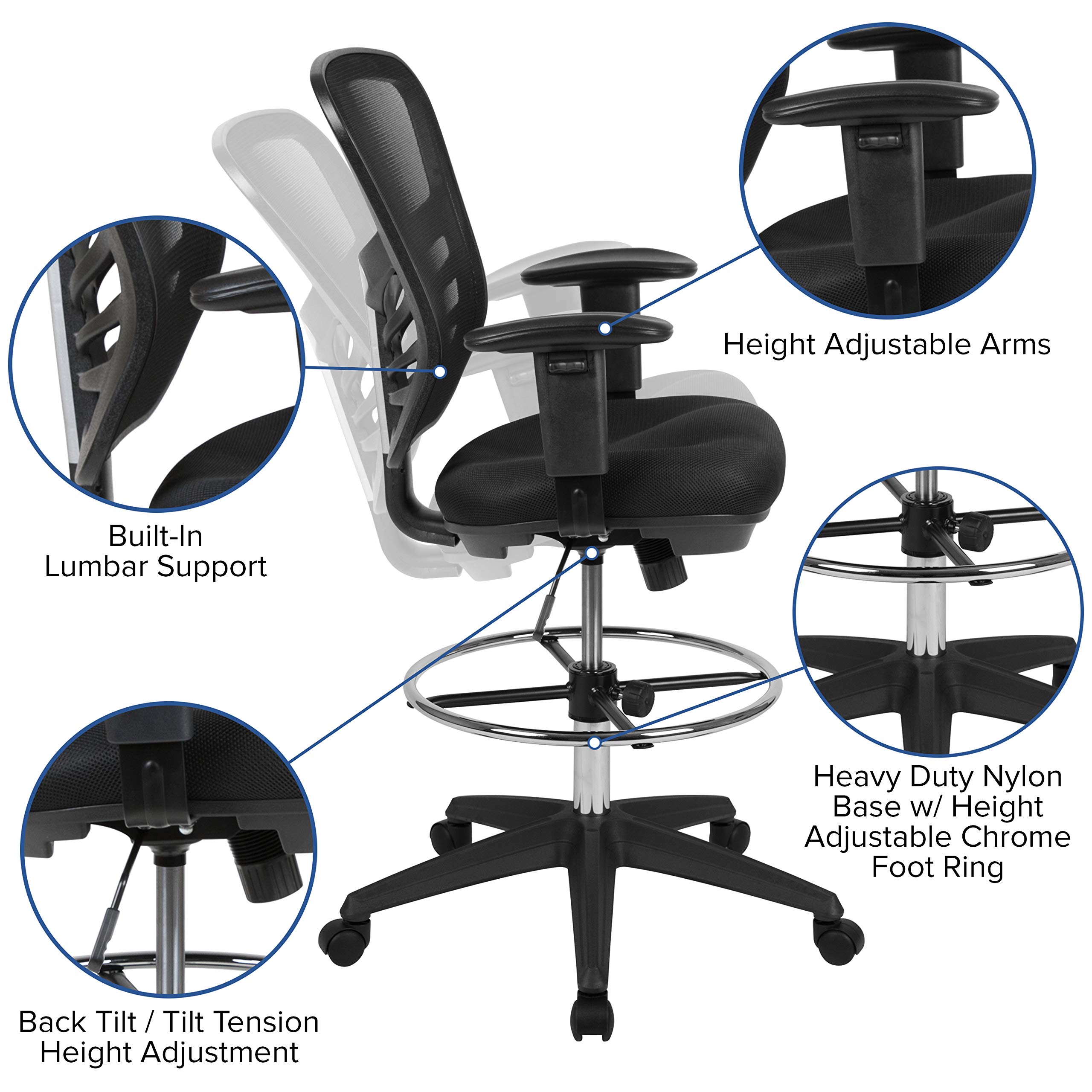 Ergonomic Adjustable Mid-Back Drafting Chair with Black Mesh Backrest & Black Frame - Perfect for Office, Home Workspace, and Computer Desk Task Chair