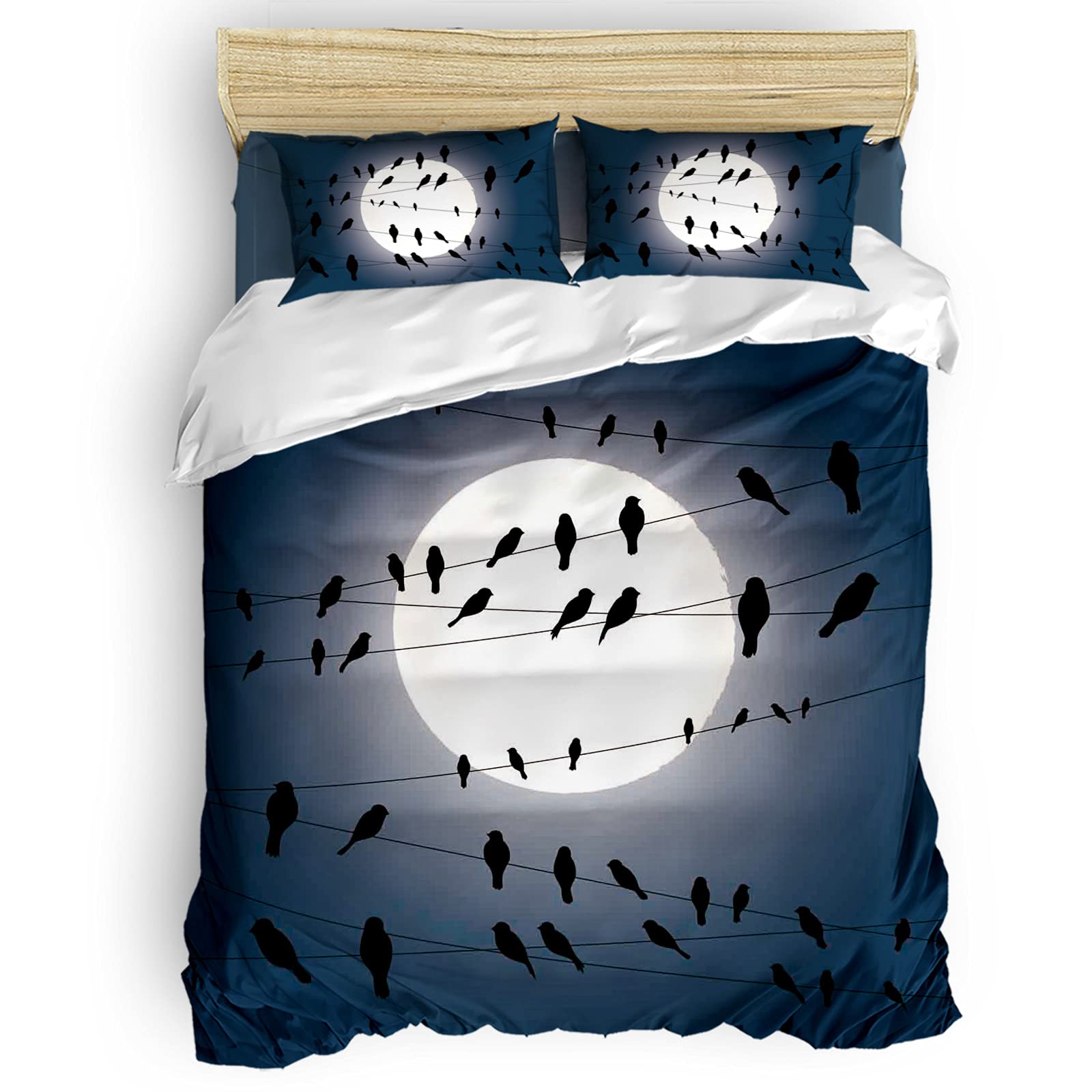 Funy Decor Duvet Cover Set Twin Size - Birdies on Wire 4-Piece Bedding Set with Black Crows & Full Moon Design, Includes Comforter Cover, Fitted Sheet & Pillowcases - Perfect for Gothic, Boho or Halloween Bedroom Decor