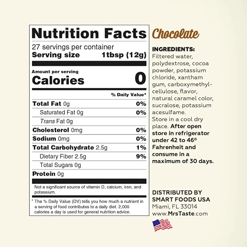 Mrs Taste Sugar Free Chocolate Syrup - Zero Calorie, Zero Sodium, Keto & Paleo Friendly, High Fiber Dessert Topping (11 oz) | Perfect for Ice Cream, Coffee, Baking & Healthy Snacks