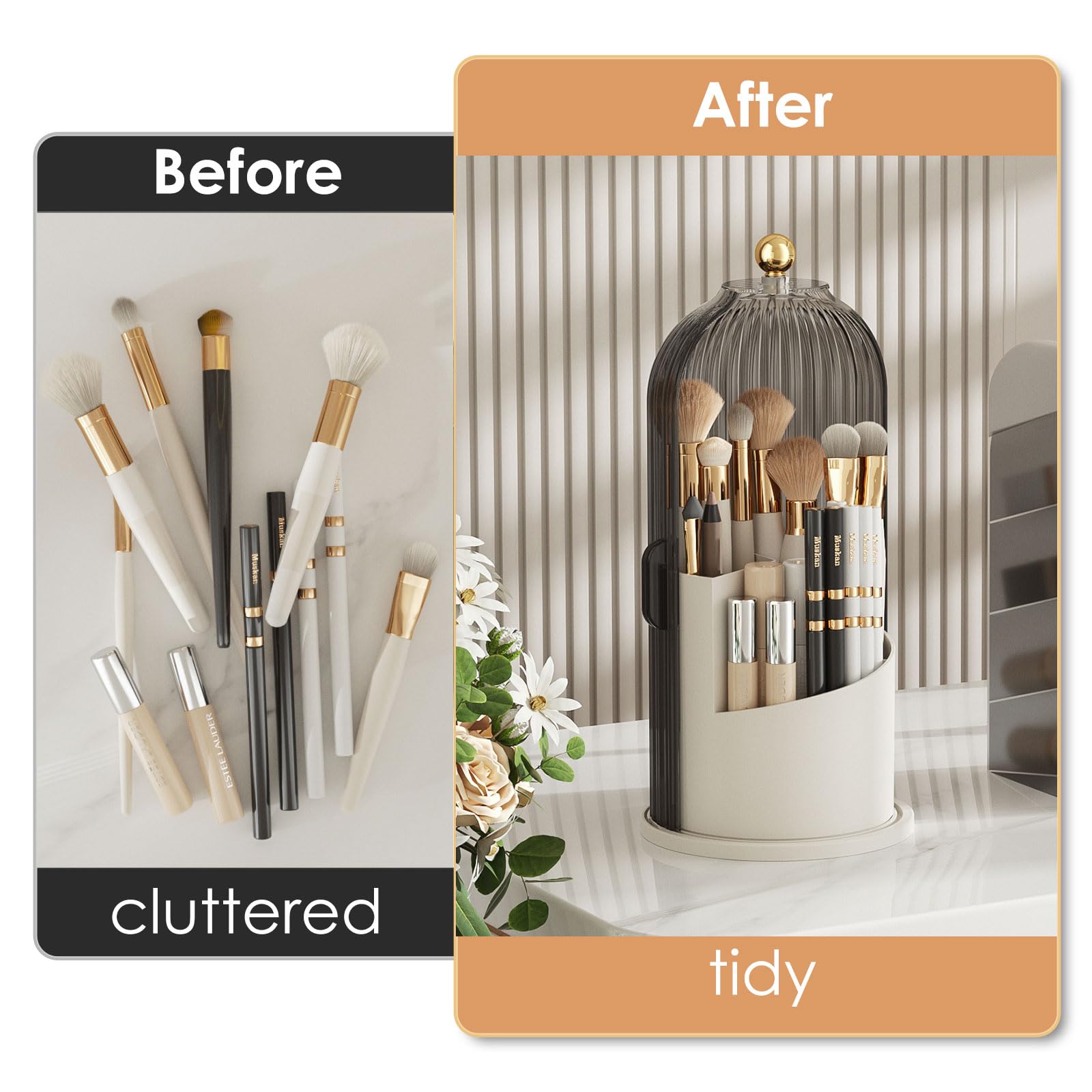 360° Rotating Clear Makeup Brush Holder with Lid - Dustproof Vanity Organizer for Bathroom Countertop & Makeup Table (Gray) | Perfect for Travel, Home & Salon Use