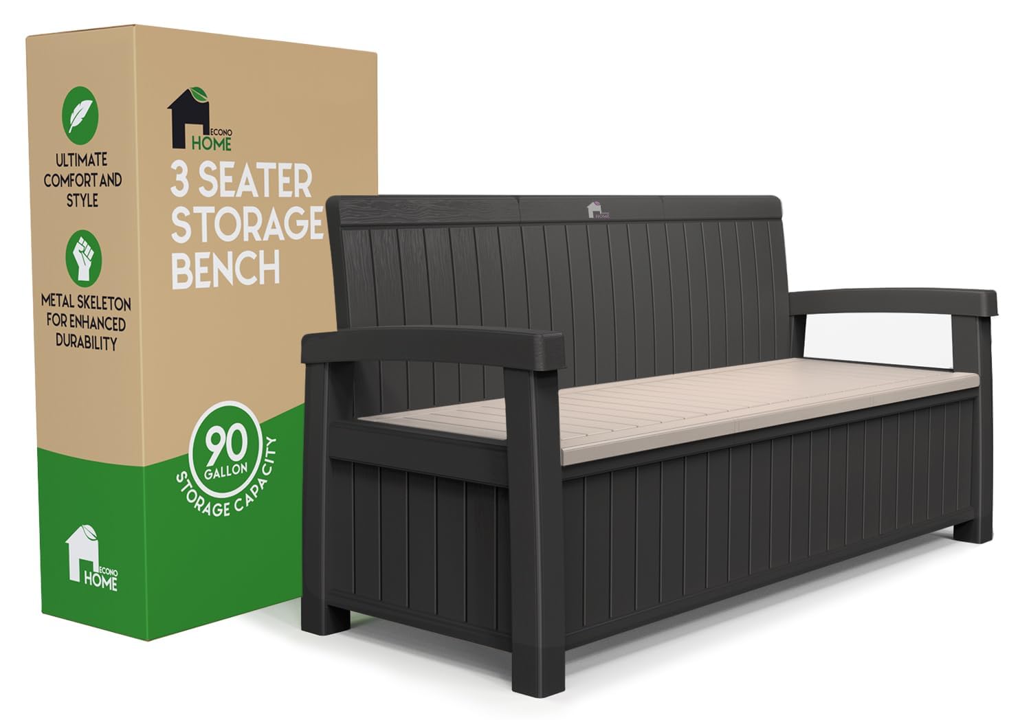 EconoHome 3-Seat Outdoor Storage Bench - 90 Gallon Weatherproof Resin Bench for Patio, Porch, Garden, Yard & Pool Area - Perfect for Pool Accessories, Gardening Tools, Toys, Cushions & Outdoor Decor