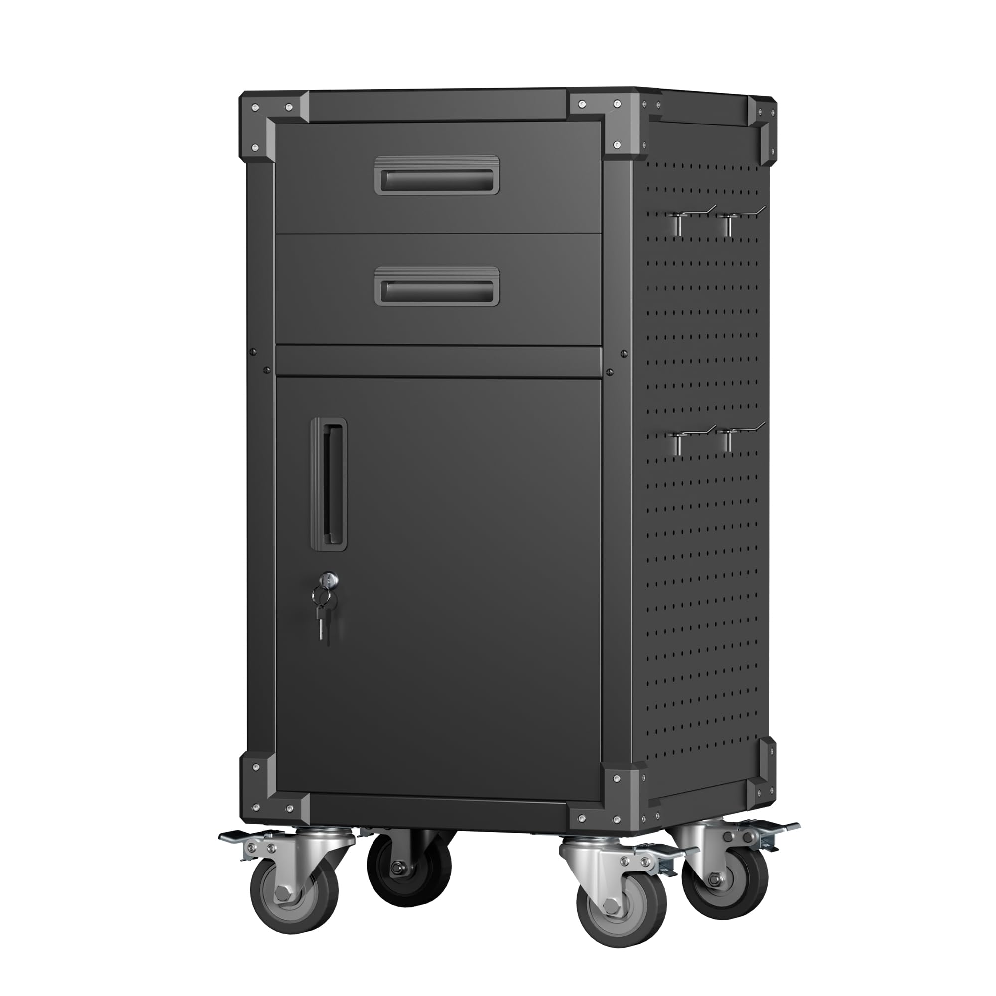 Heavy Duty Metal Storage Cabinet with 2 Drawers & Locking Door - Rolling Garage Workbench with Wheels & Pegboard - Perfect for Tool Organization in Garage, Workshop, Office or Home Storage