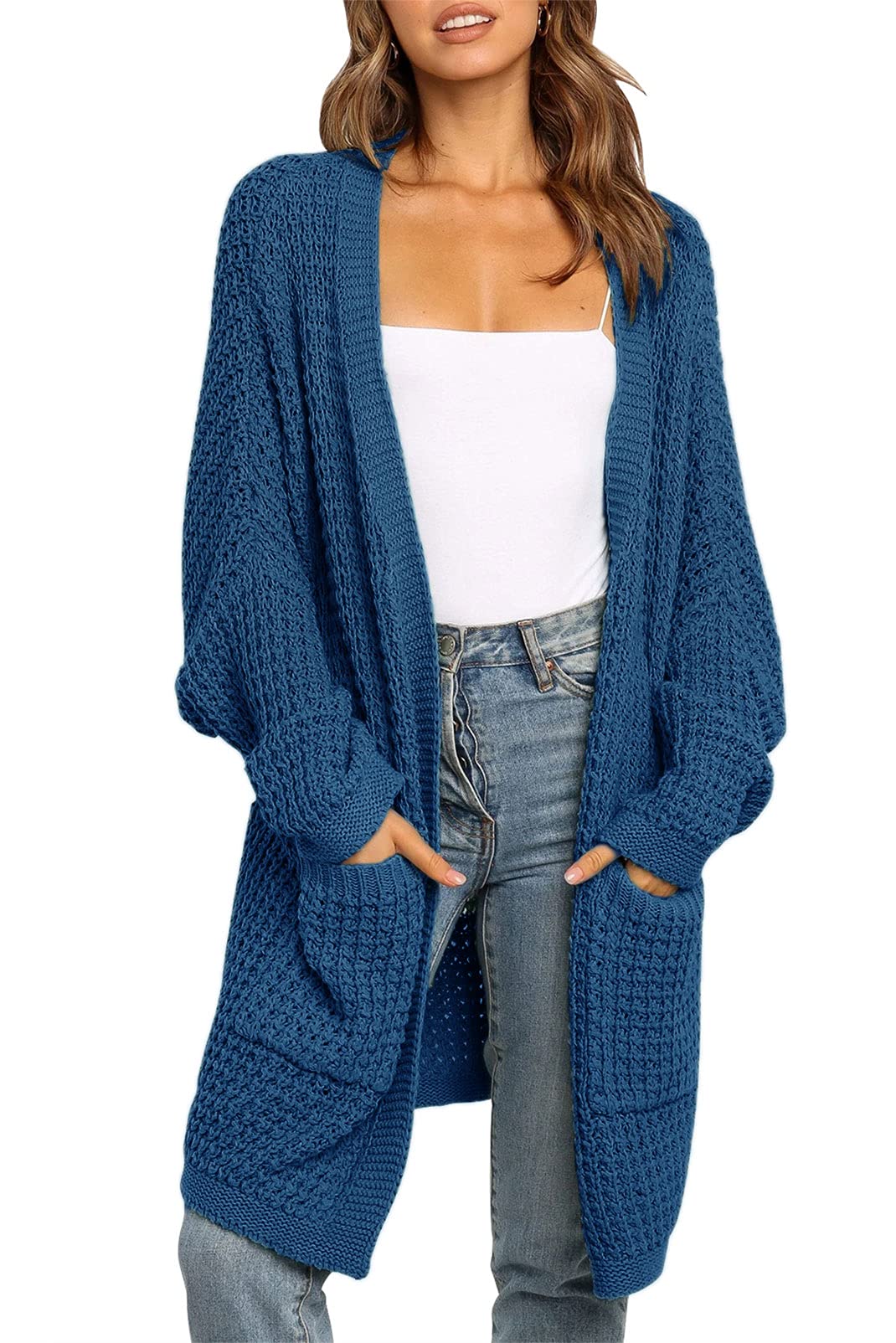 MEROKEETY Women's Oversized Long Batwing Sleeve Cardigan Waffle Knit Sweater Coat - Soft Warm Open Front Knitwear for Fall Winter, Perfect for Casual Outfits, Office Wear & Cozy Loungewear
