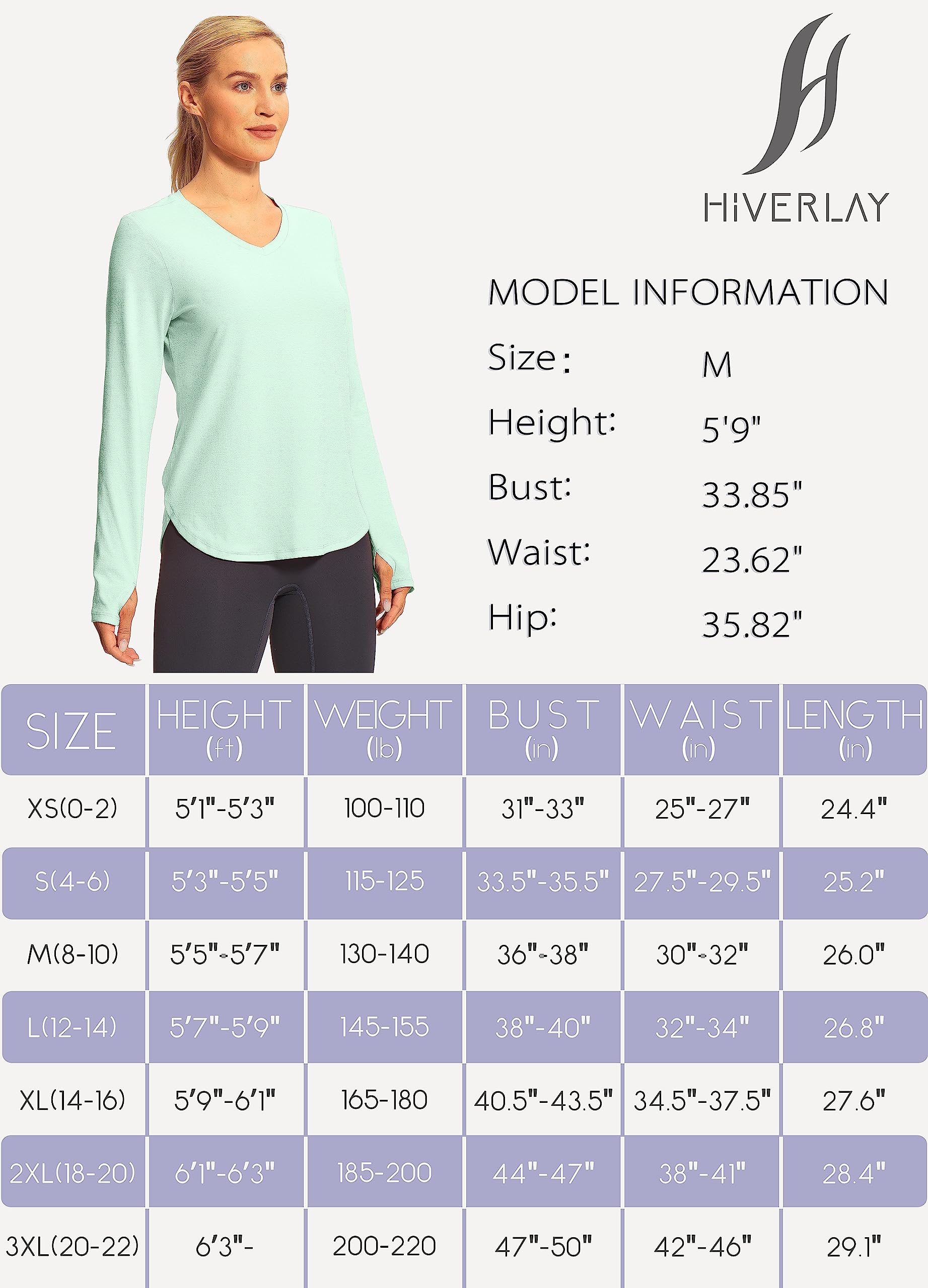 Hiverlay Women's Long Sleeve V-Neck Workout Shirts UPF 50+ Athletic Running Shirts with Thumbhole - Loose Fit Activewear for Gym, Yoga & Outdoor Sports