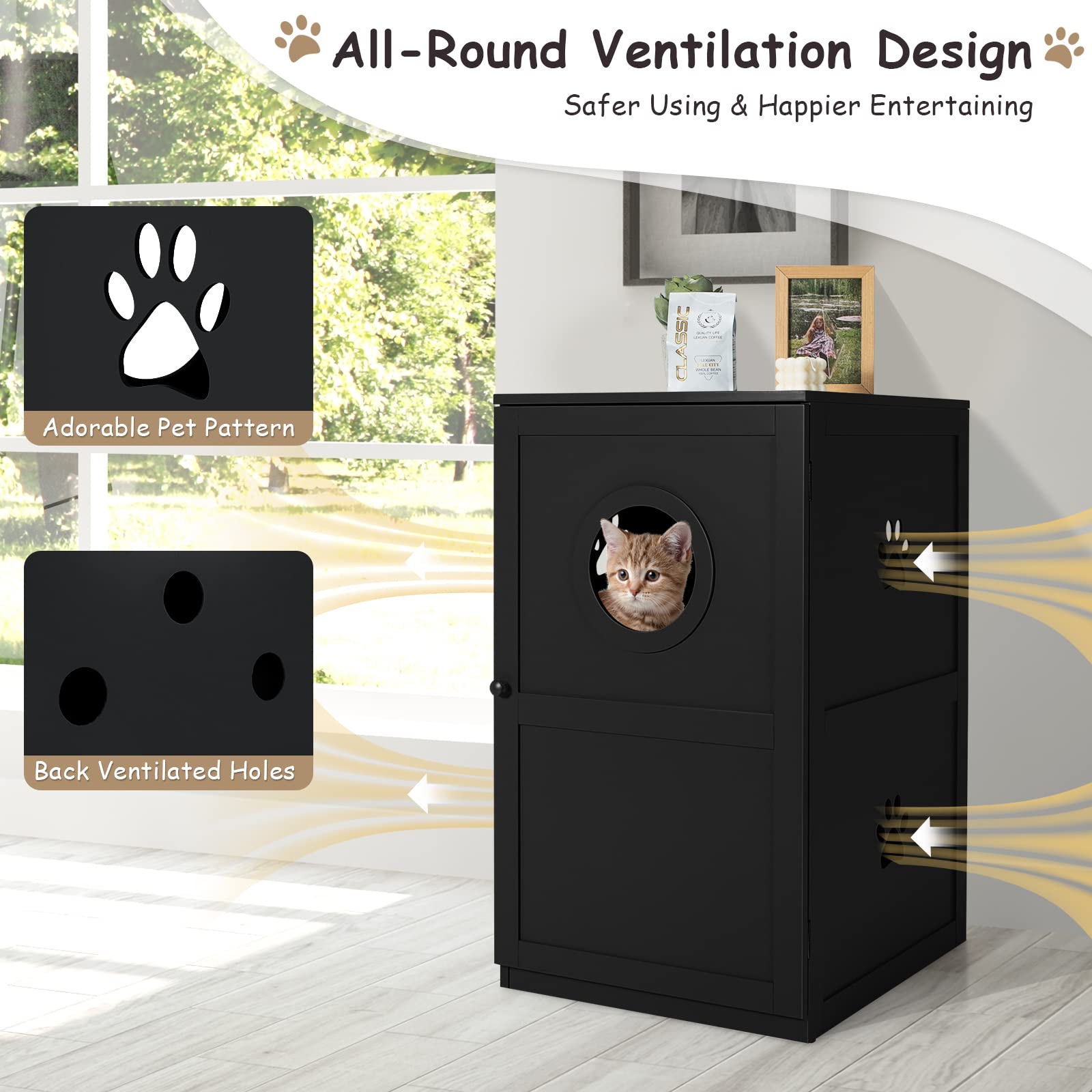Tangkula 2-Tier Cat Litter Box Enclosure - Hidden Cat Washroom Furniture with Privacy Design, Anti-Toppling Device & Ventilation for Large Cats (Black) | Perfect for Home, Apartment & Pet-Friendly Spaces