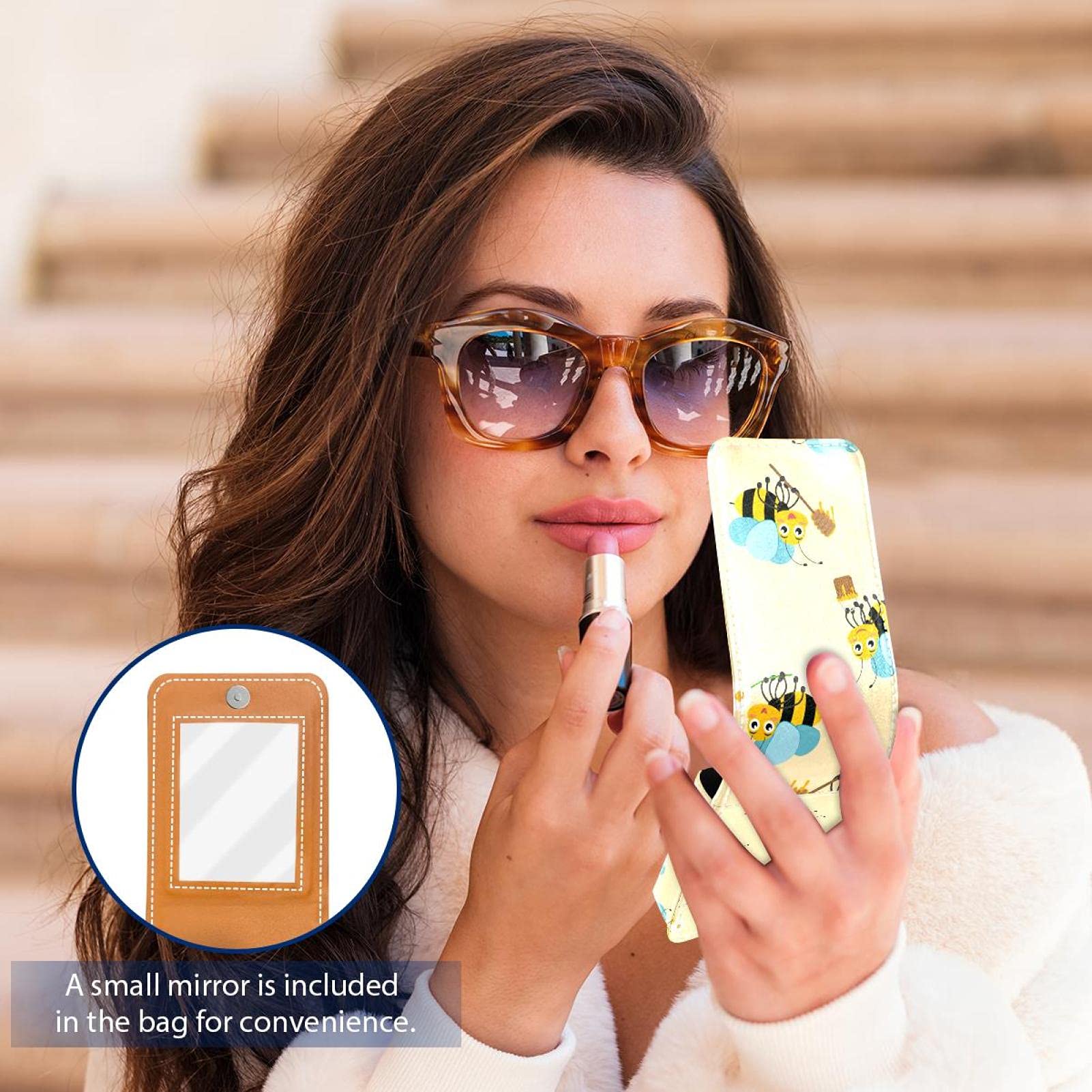 Cute Cartoon Worker Bee Lip Gloss Holder - Portable Lipstick Case with Mirror, Mini Makeup Organizer for Women | Travel-Friendly Cosmetic Storage for Purse, Vanity & On-The-Go Touch Ups