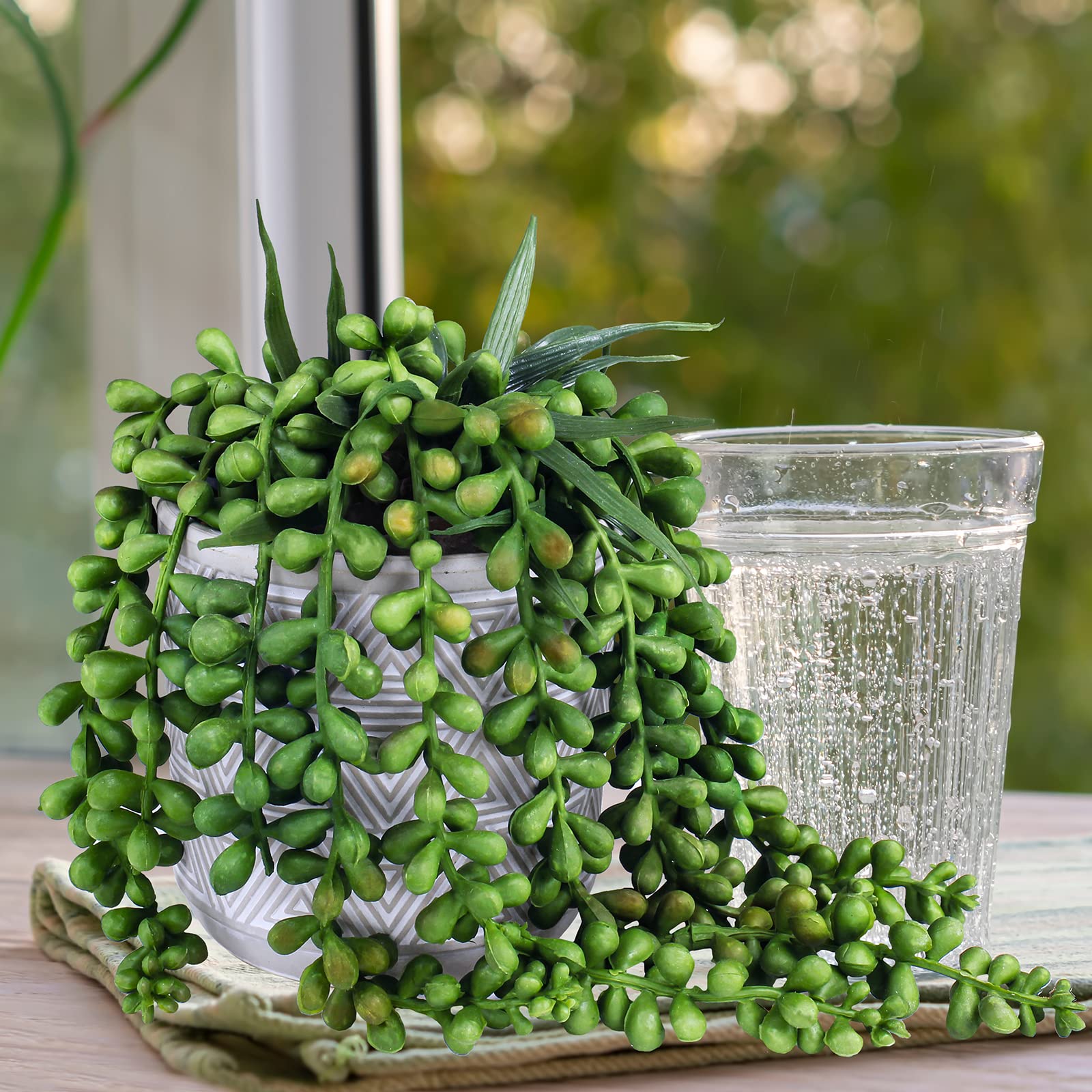 Set of 3 Artificial Succulent Plants - Fake Aloe, String of Pearls & Hops in Gray Geometric Concrete Ceramic Pots | Perfect for Home Office Desk Decor, Indoor Greenery, Housewarming Gifts & Modern Interior Design