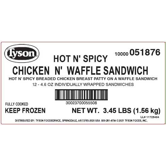 Tyson Hot N Spicy Chicken and Waffle Sandwich - 12 Pack (0.288 lb Each) | Frozen Breakfast Sandwich for Quick Meals, Office Lunch & On-the-Go Snacks