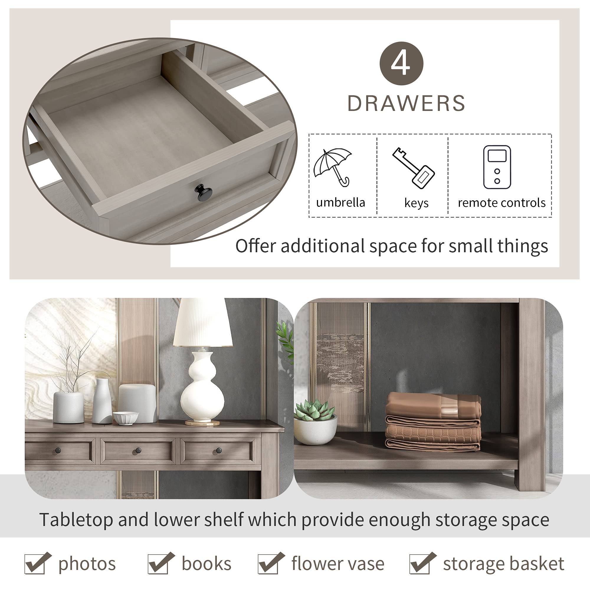 P PURLOVE Gray Wash Console Table with Storage Drawers & Bottom Shelf - Entryway Hallway Sofa Table for Living Room, Bedroom & Home Decor
