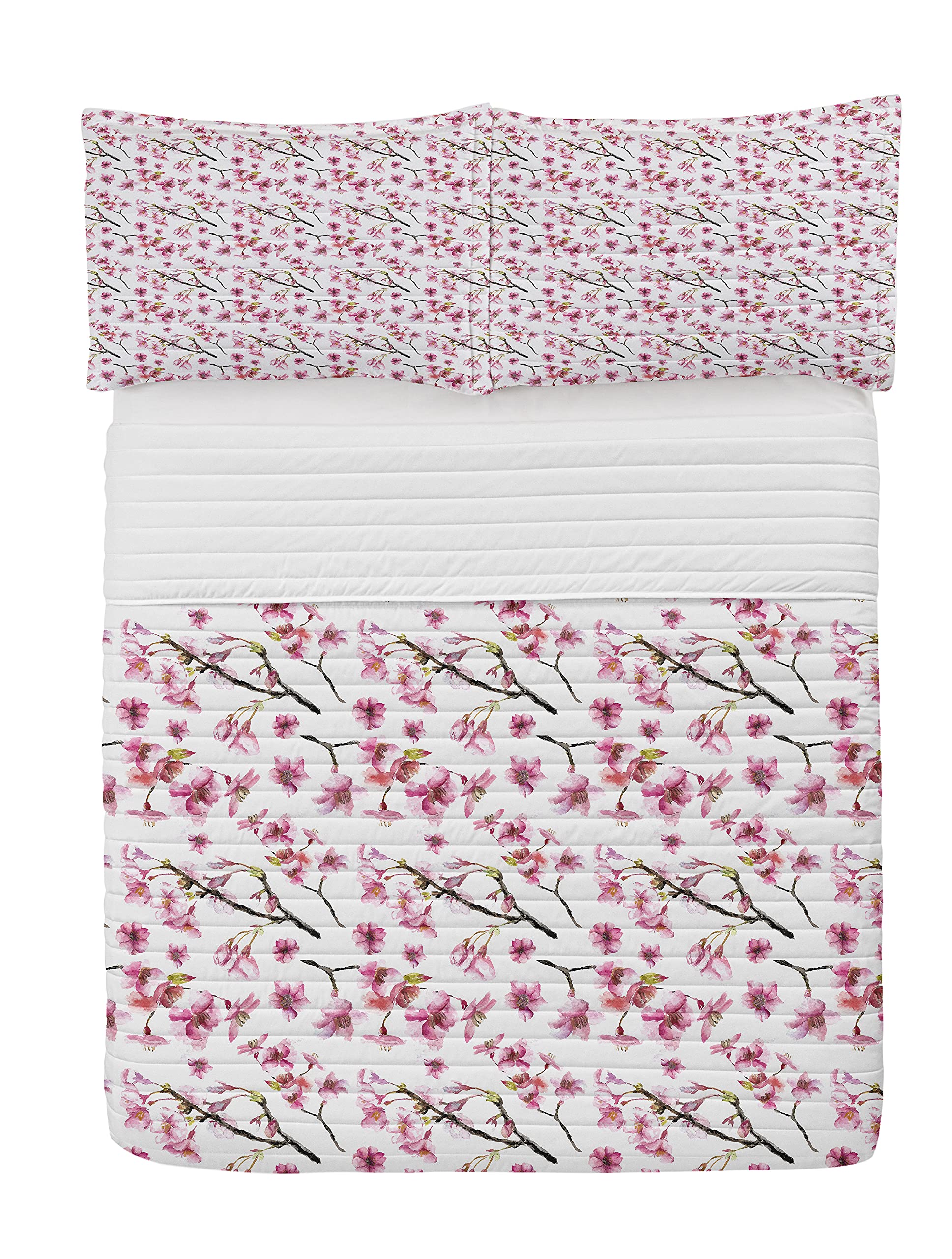 Ambesonne Cherry Blossom Microfiber Bedspread Set - Watercolor Oriental Sakura Pattern King Size Bedding with Pillow Shams & Comforter in Hot Pink, Green & Brown | Soft Luxury Bedroom Decor for Spring & Asian-Themed Home Styling