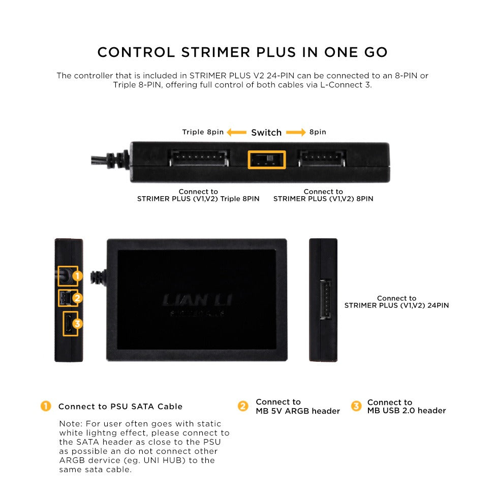 Lian Li Strimer L Connect 3 RGB LED Controller for PC Gaming Setup - Sync Lights with Motherboard & Case Fans for Ultimate Gaming Experience