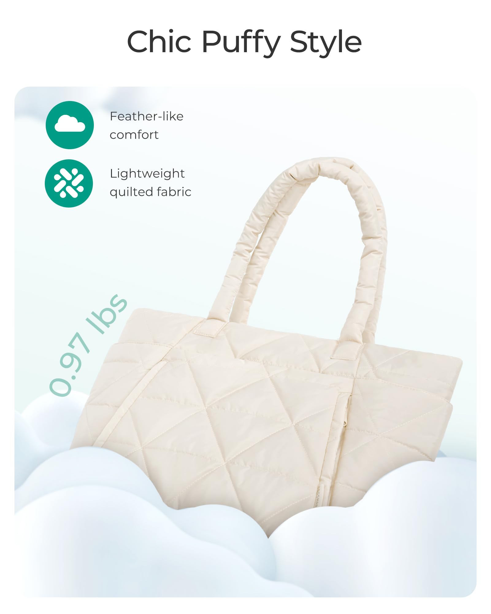 BAGSMART Large Quilted Tote Bag for Women - Puffy Zippered Shoulder Bag with Multiple Compartments | Perfect for Travel, Work, Gym & Daily Use