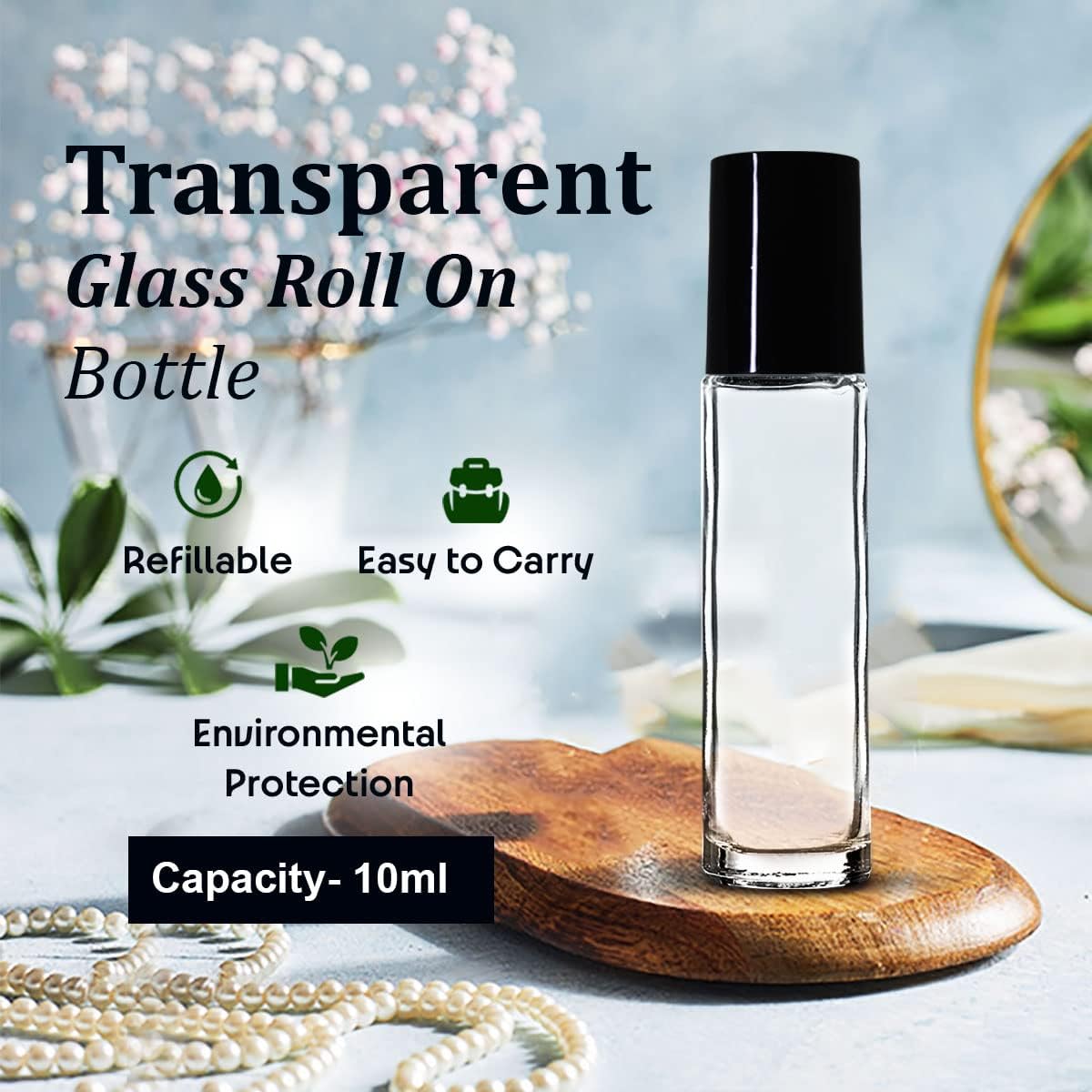 10ml Empty Clear Glass Roll On Bottles with Black Cap - Essential Oils, Perfumes, Lip Balms Refillable Container (Pack of 3) | Perfect for DIY Aromatherapy, Travel Size Toiletries & Handmade Beauty Products