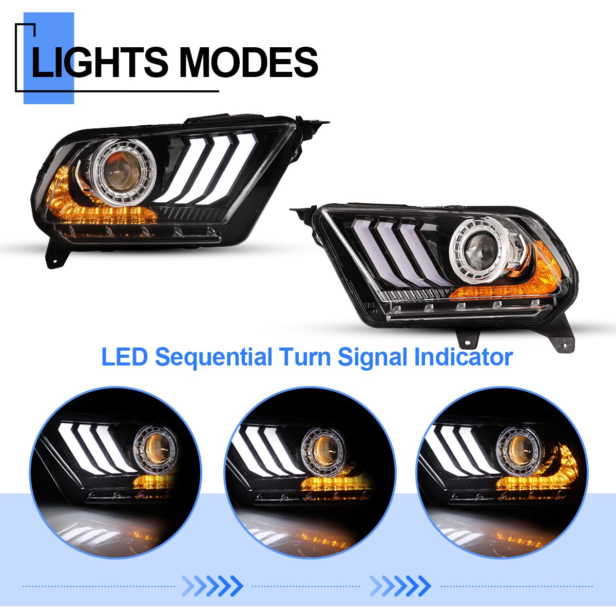 ROXX LED Sequential Headlights for 2010-2012 Ford Mustang (Halogen Models Only) - High/Low Beam Projector Headlights with S550 Style LED DRL & Amber Sequential Turn Signals - Driver & Passenger Side - Perfect for Night Driving & Car Customization