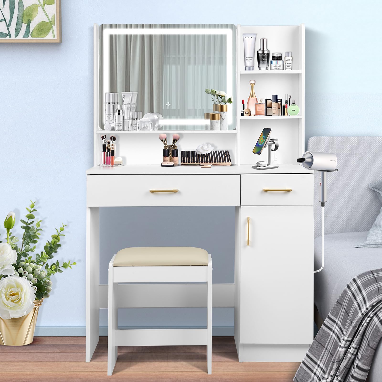 Elegant White Vanity Set with LED Lights, Mirror, Drawers & USB Charging Station - Includes Stool & Storage Organizer for Bedroom, Dressing Room or Makeup Studio