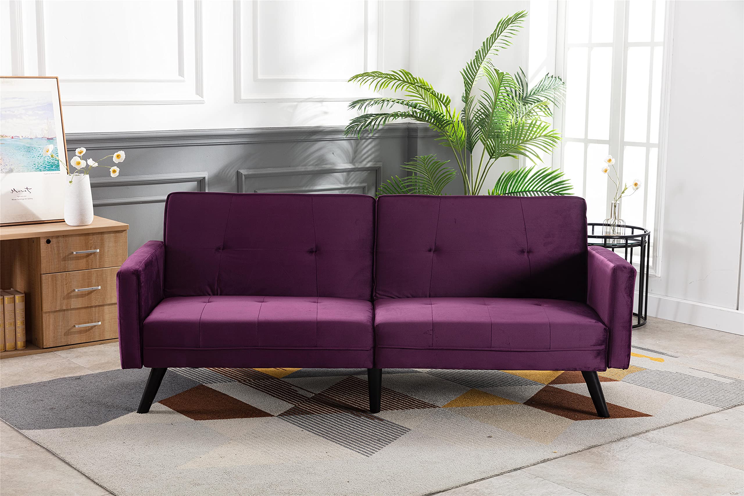 Velvet Convertible Sofa Bed with Adjustable Backrest & 6 Wood Legs - Modern Folding Sleeper Loveseat for Living Room, Bedroom & Guest Room | Perfect for Small Spaces, Studio Apartments & Overnight Guests